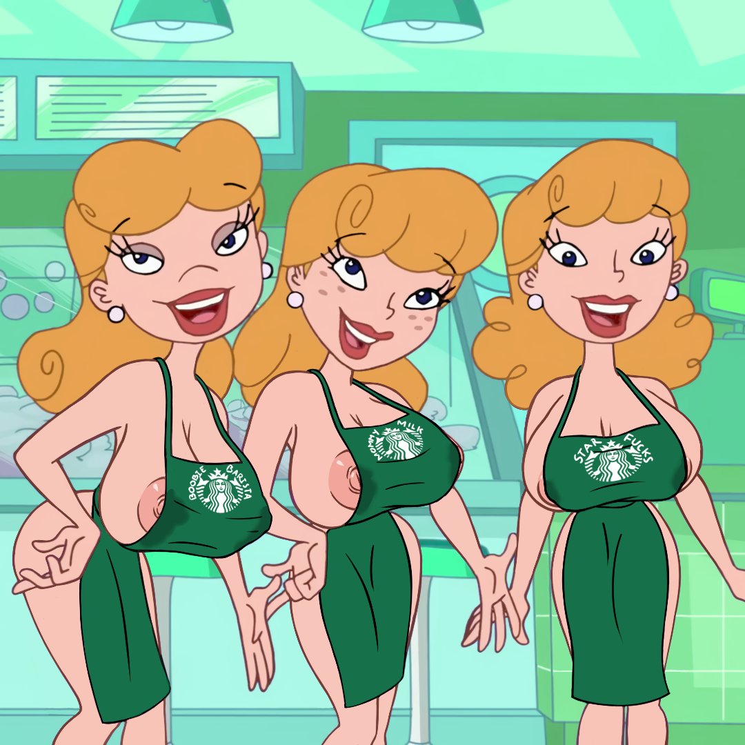 3girls, apron, blonde hair, breasts, disney, disney channel, disney xd, edit, eyelashes, female, female focus, female only, freckles, huge breasts, human, iced latte with breast milk, light skin, light-skinned female, looking at viewer, mature, mature female, meme, monkeyman (artist), multiple females, multiple girls, naked, naked apron, nipple slip, nipples, phineas and ferb, the fake andrew sisters, voluptuous