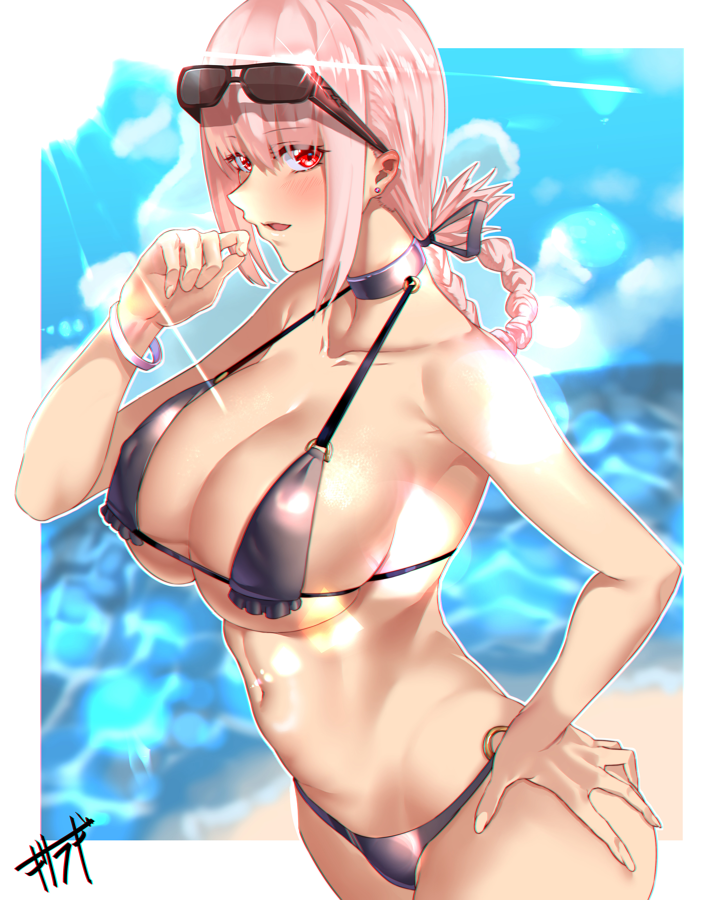 1girls, absurdres, alternate version available, bangs, bare shoulders, beach, bikini, blue sky, blush, bracelet, braid, breasts, brown bikini, choker, cleavage, collarbone, cowboy shot, day, earrings, eyewear on head, fate (series), fate/grand order, female, female focus, female only, florence nightingale (fate), frilled bikini, frills, hair ribbon, hair rings, hand on hip, highres, jewelry, kisaragi tsurugi, large breasts, navel, o-ring, o-ring bikini, o-ring bottom, o-ring top, ocean, open mouth, outdoors, pink hair, red eyes, ribbon, sand, sidelocks, single braid, sky, solo, solo female, solo focus, stud earrings, sunglasses, sunlight, swimsuit, water, white background