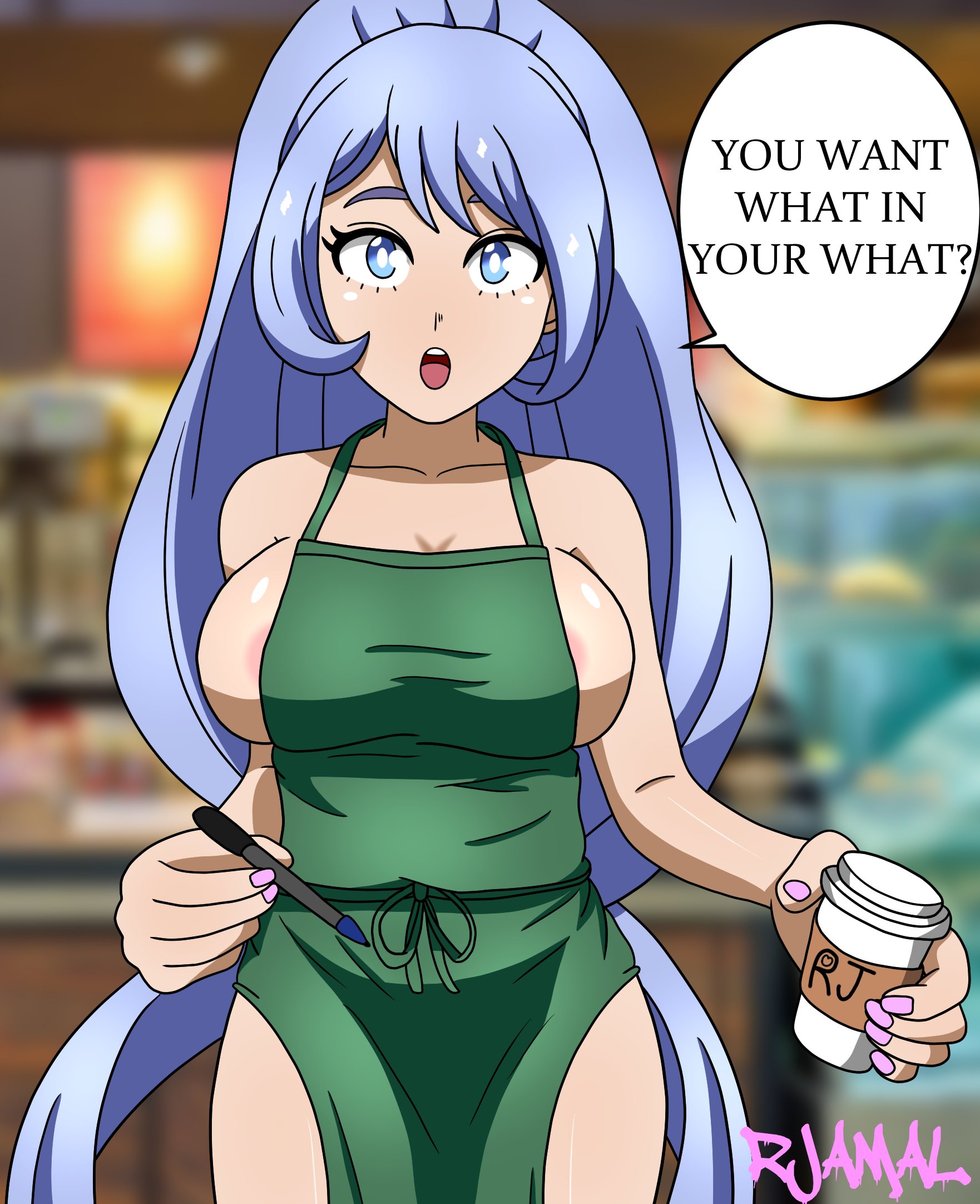 1girls, artist request, big breasts, blue eyes, blue hair, blue-haired female, breasts, female, iced latte with breast milk, light skin, light-skinned female, long hair, meme, my hero academia, nejire hado, rjamal, surprise, surprised, surprised expression