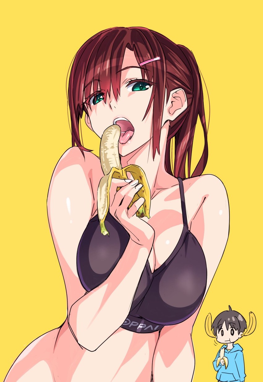 banana bra busty chinatsu_nanami_(pinvise) cleavage female female_focus food original pinvise sexually_suggestive solo solo_female suggestive suzutsuki_kurara tongue