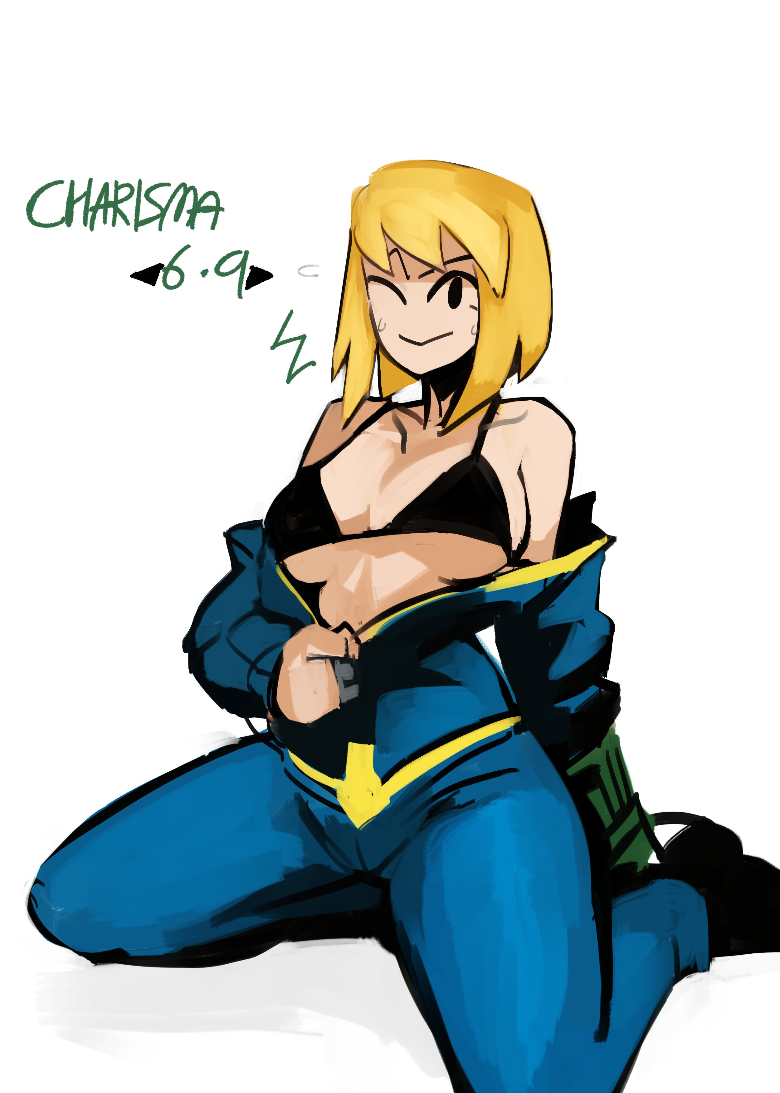 1girls, 33dot, 69 (number), bethesda softworks, black eyes, blonde hair, bra, breasts, covered breasts, fallout, fallout (series), female, kneeling, light skin, light-skinned female, mob face, no artist signature, on knees, pinup, pip-boy, short hair, solo, undressing, unzipping, vault dweller, vault girl, vault meat, vault suit, white background, wink, winking, winking at viewer