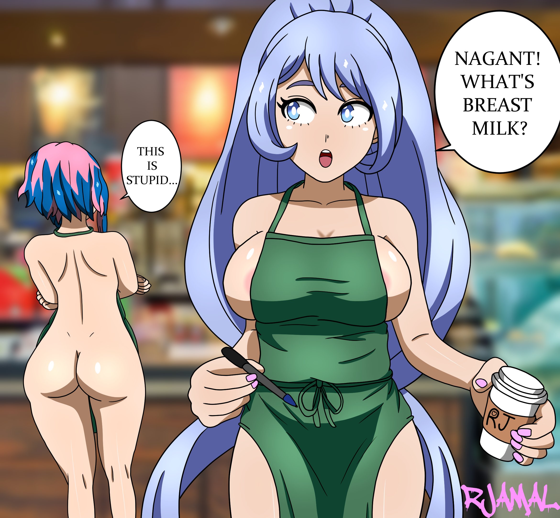 2girls, ass, ass view, back view, big breasts, blue eyes, blue hair, blue-haired female, breasts, english text, female, female only, iced latte with breast milk, kaina tsutsumi, lady nagant, long hair, meme, multiple females, multiple girls, my hero academia, naked apron, nejire hado, purple hair, purple-haired female, rjamal, surprise, surprised, surprised expression, text