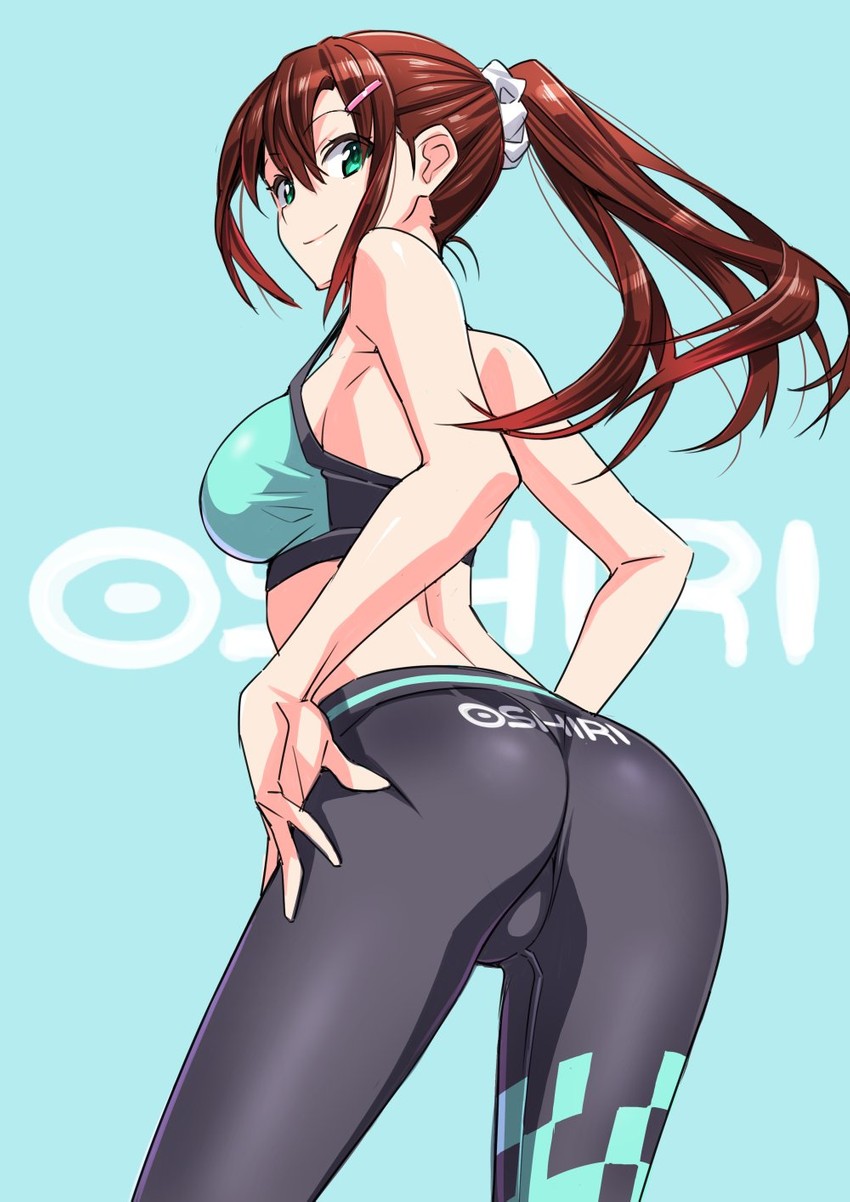 ass brown_hair chinatsu_nanami_(pinvise) female female_only green_eyes gym_clothes leggings looking_at_viewer looking_back pinvise ponytail smile solo solo_female sports_bra sportswear suzutsuki_kurara tight_pants yoga_pants