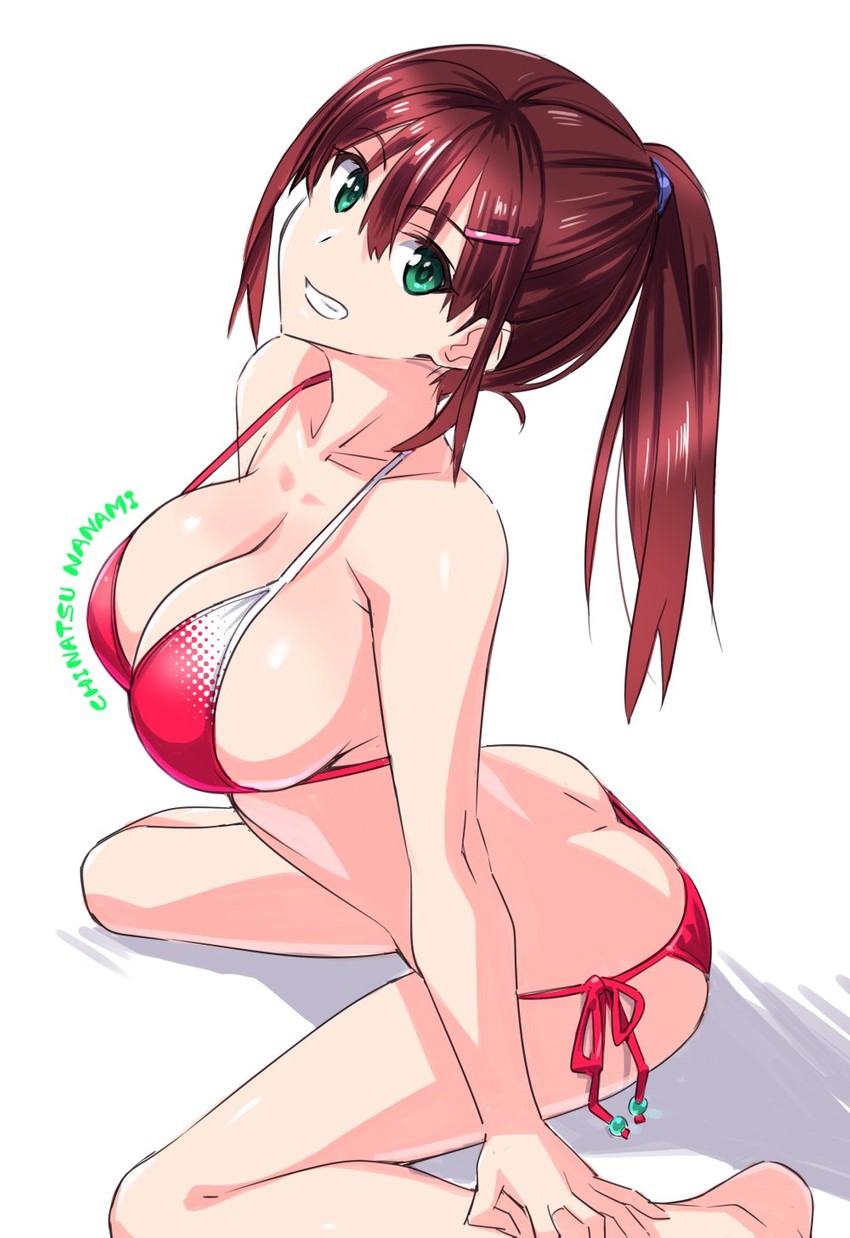 big_breasts bikini breasts brown_hair busty chinatsu_nanami_(pinvise) cleavage female female_only green_eyes original pinvise ponytail smile solo solo_female suzutsuki_kurara swimsuit