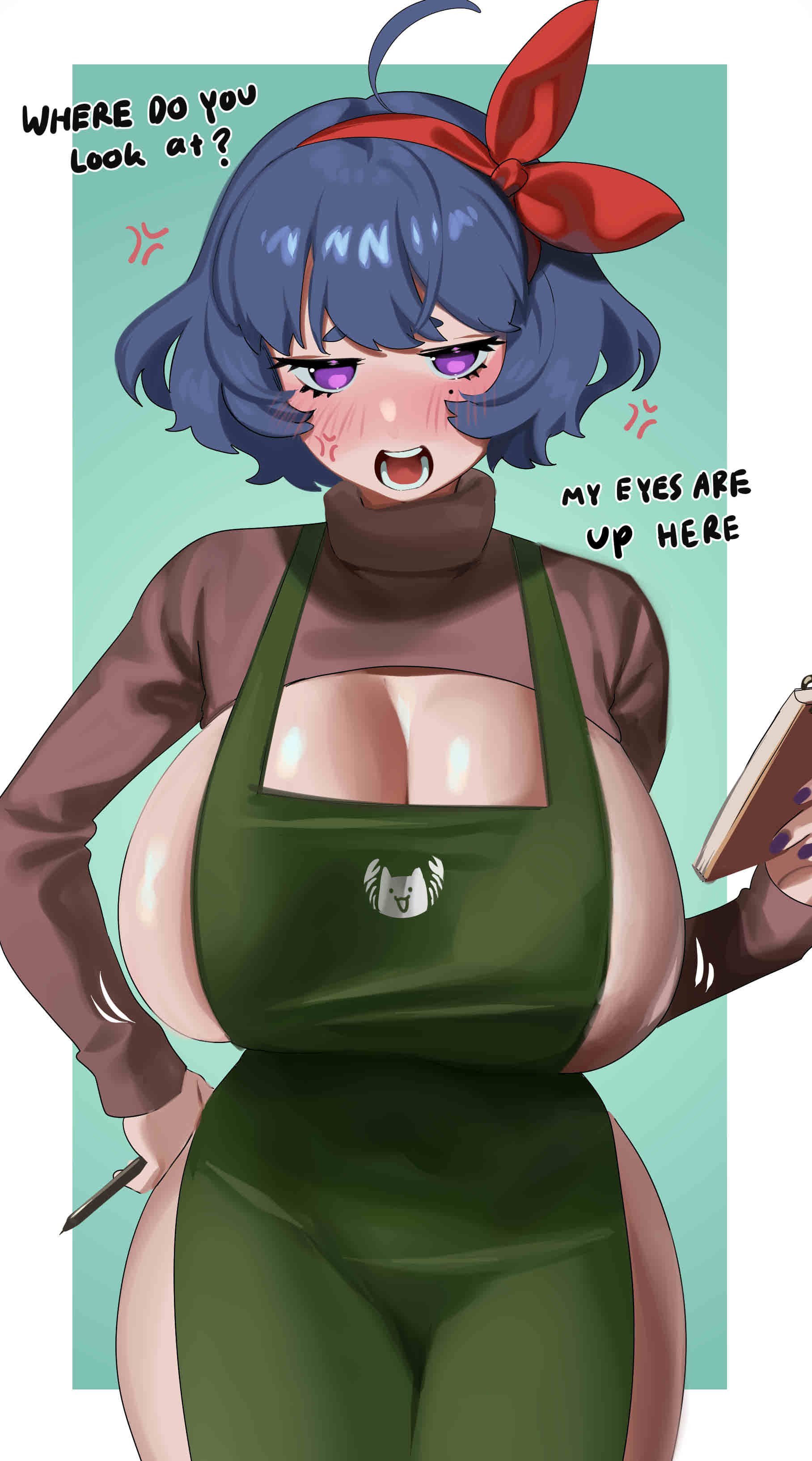 angry apron blue_hair blush dialogue enta_(nia) female hair_ribbon iced_latte_with_breast_milk large_breasts meme nia_(nia4294) notebook original pen purple_eyes shirt_lift starbucks thick_thighs