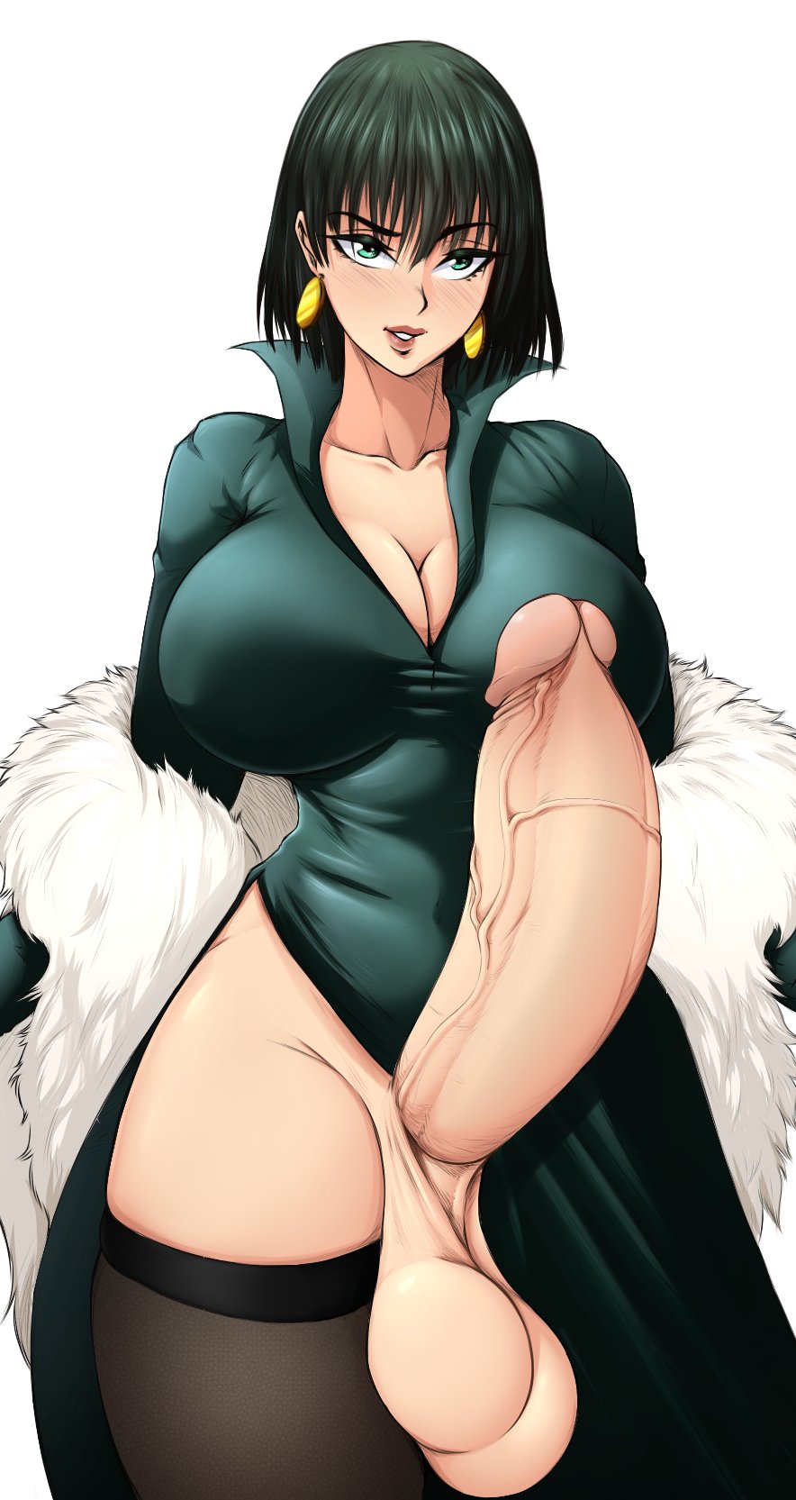1futa, alternate version at source, alternate version available, balls, big balls, big breasts, breasts, cleavage, clothed, clothing, dress, erection, fubuki (one-punch man), fur boa, futa only, futanari, hip vent, huge cock, human, intersex, large breasts, light skin, light-skinned futa, mostly clothed, one-punch man, pale skin, penis, penis under dress, solo, standing, testicles, thighhighs, vicsenpai, voluptuous
