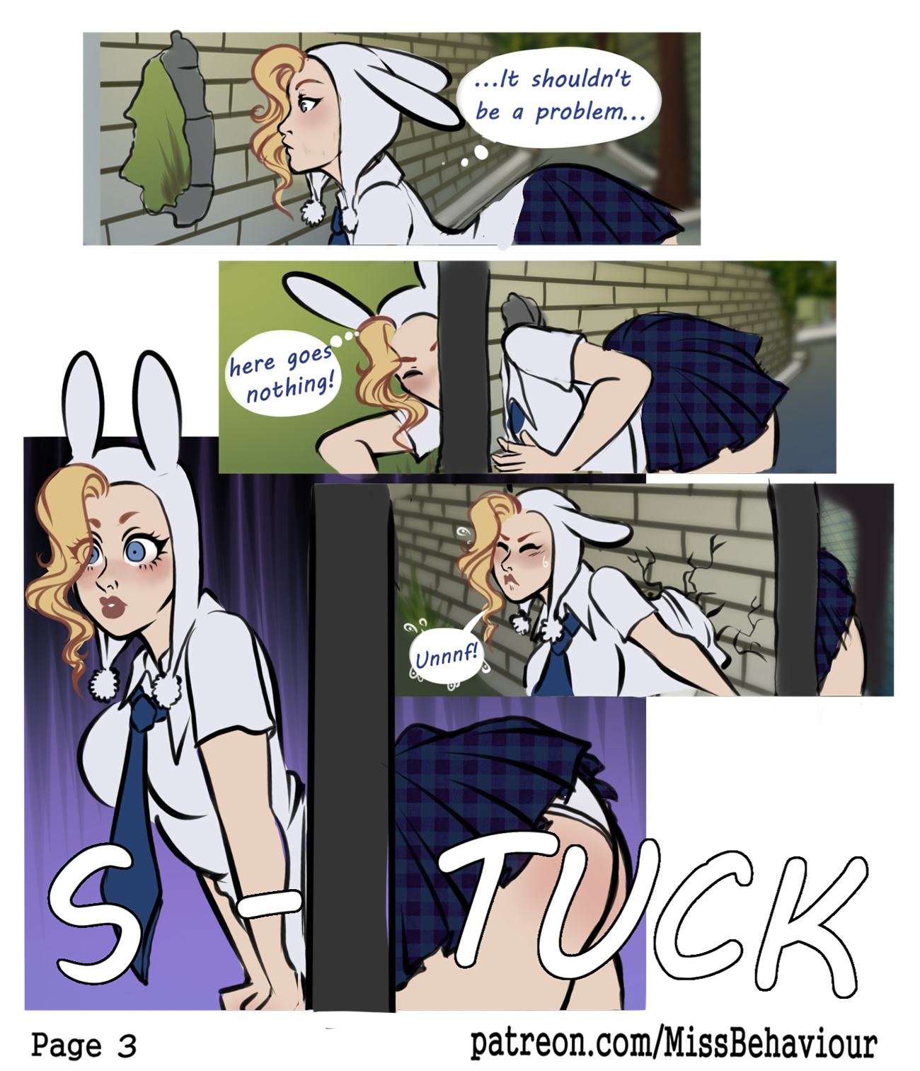 1girls, adventure time, blonde hair, blue eyes, bunny ears, comic, english text, female, fionna the human girl, flower, glory hole, lips, lipstick, missbehaviour, page 3, panties, school uniform, schoolgirl, short skirt, speech bubble, stuck, stuck in wall, thick thighs, thighhighs, through wall