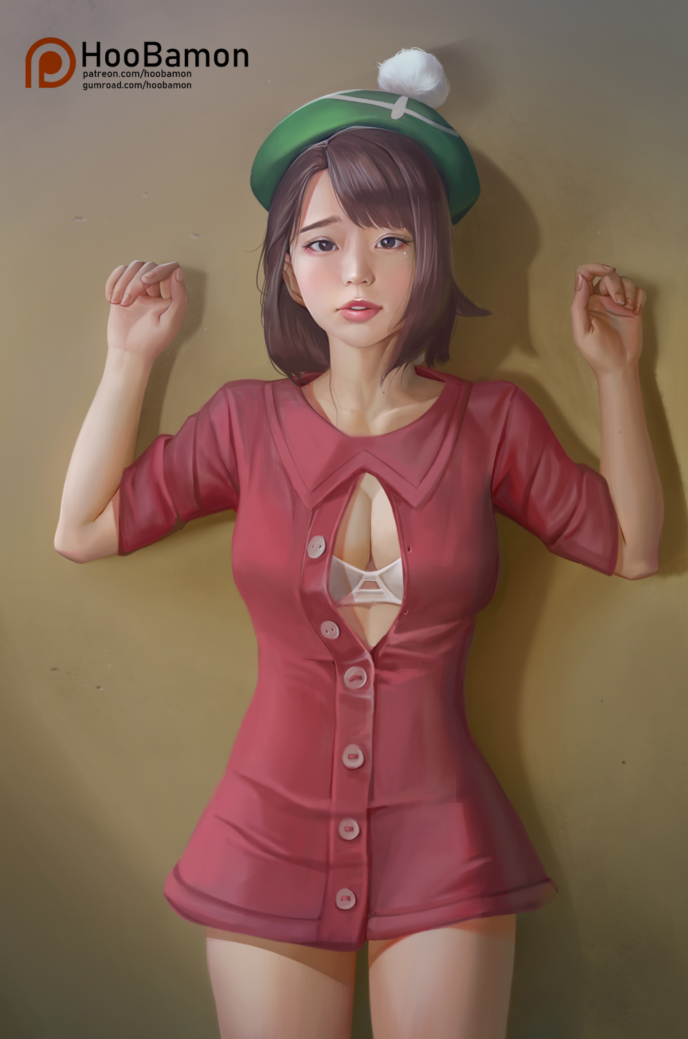 1girls, asian, big breasts, boob window, bra, breasts, brown eyes, brown hair, cleavage, female, female only, gloria (pokemon), hoobamon, nintendo, pokemon, pokemon ss, realistic, solo