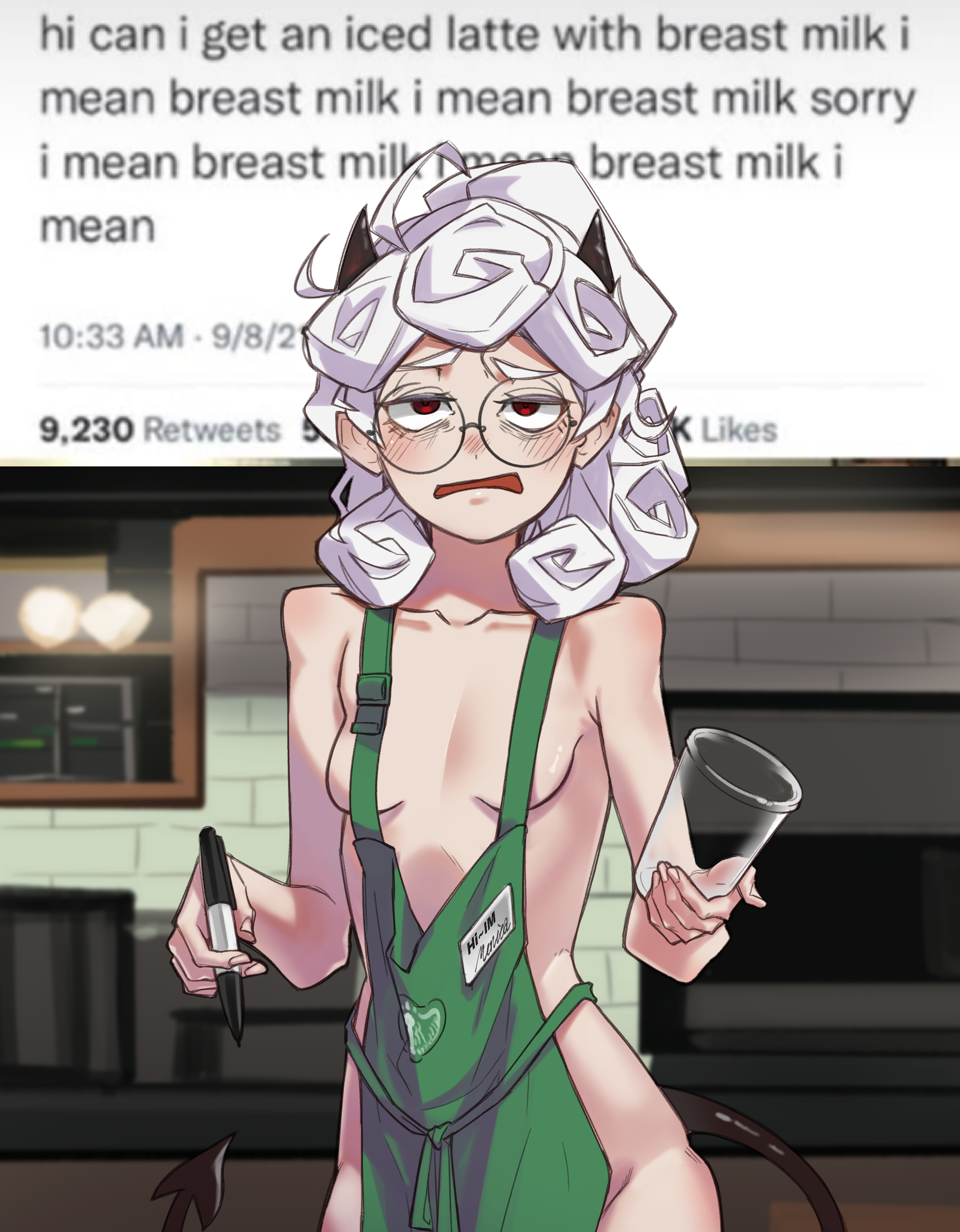 apron, breasts, demon, demon girl, female, flat chest, glasses, helltaker, iced latte with breast milk, meme, pandemonica (helltaker), tagme, tw ite