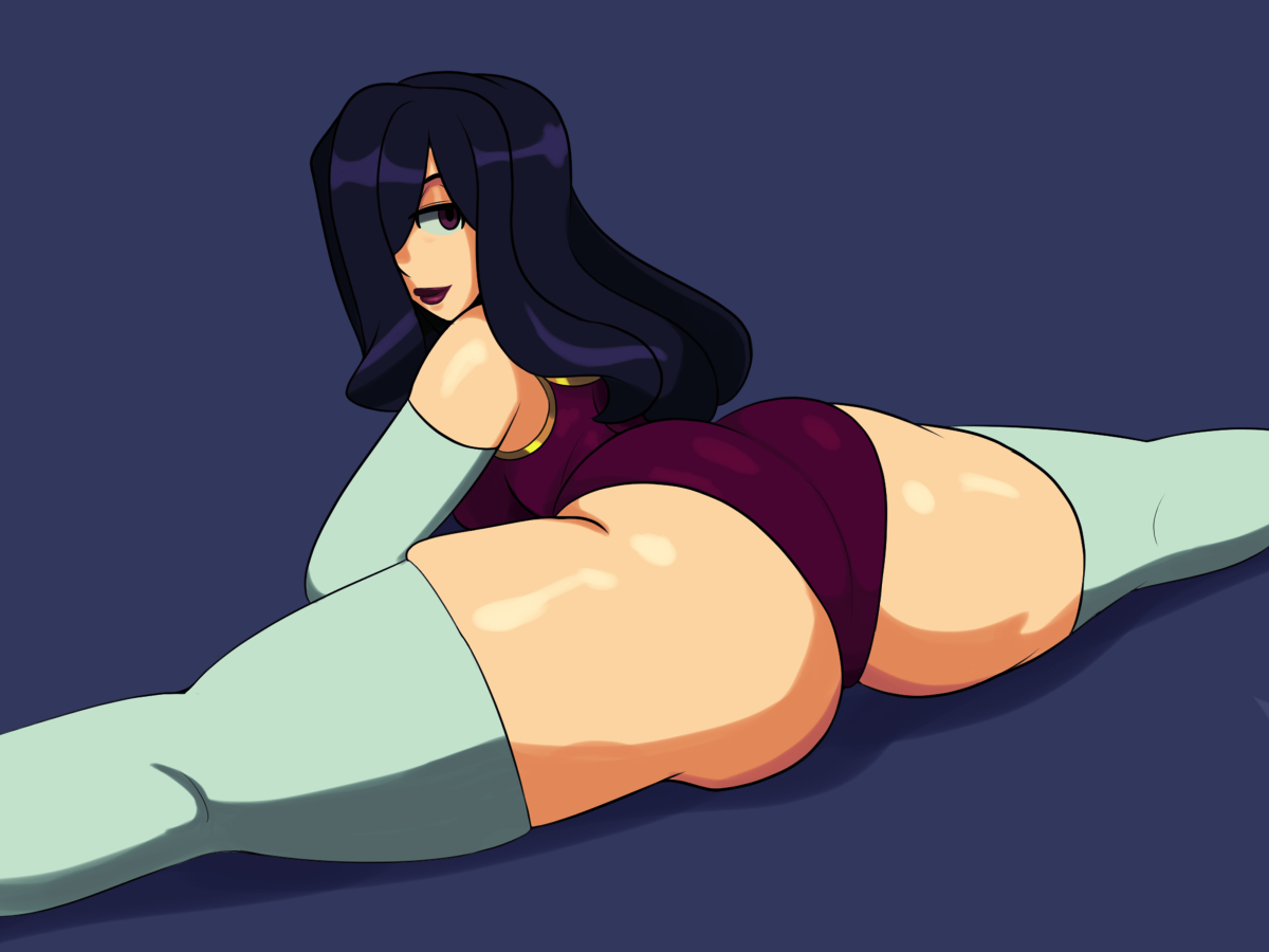 1girls, 2019, armwear, ass, big ass, black hair, female, huge ass, iggy-bomb, leotard, light skin, light-skinned female, long hair, looking at viewer, looking back, milf, pale skin, pale-skinned female, queen nancy, round ass, skullgirls, solo, thick ass, thick thighs, thighhighs, yoga