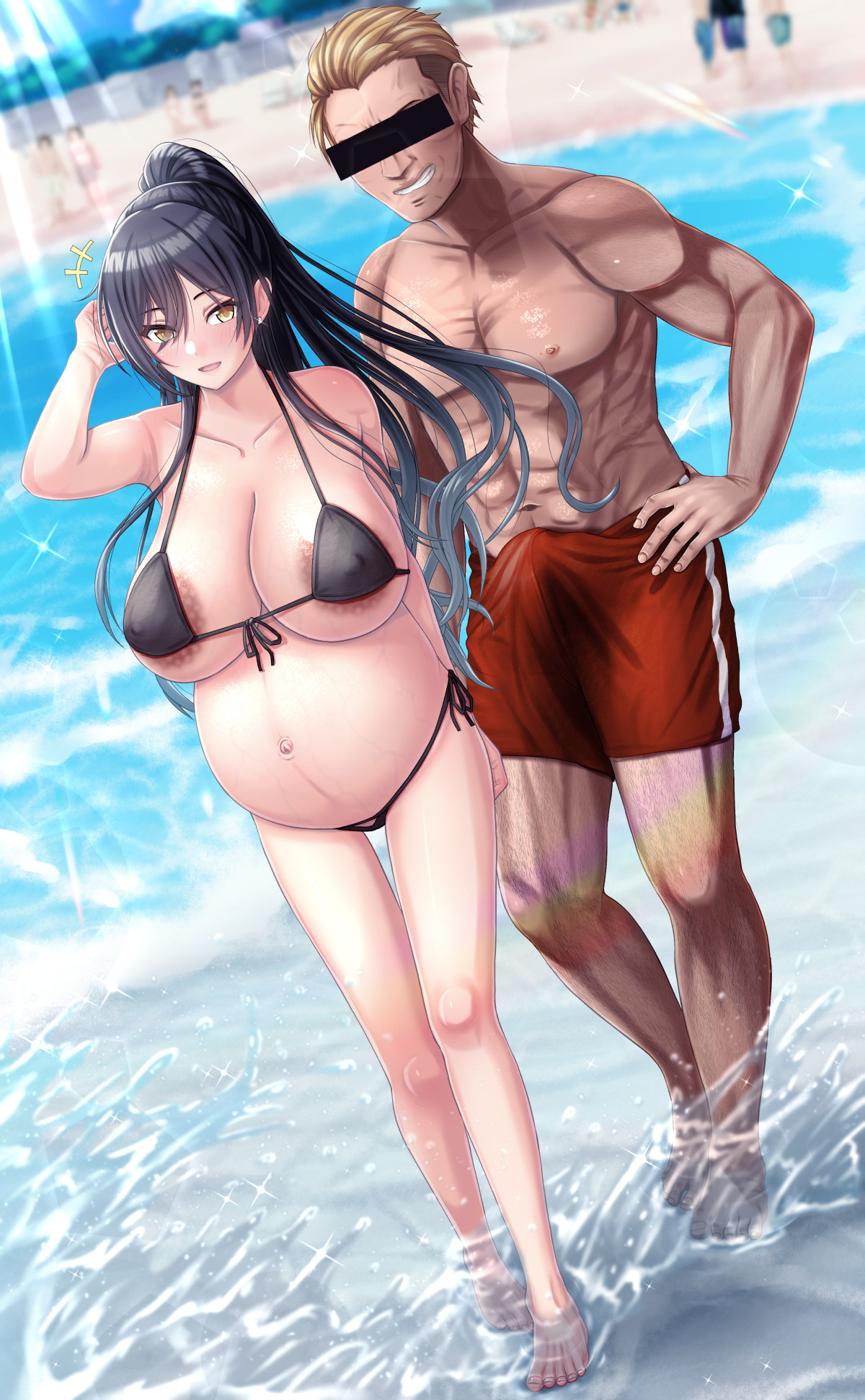 1boy, 1girls, anetani kiki, areola slip, beach, big breasts, bikini, black bikini, black hair, breasts, bulge, dark nipples, erection, erection under clothes, female, glands of montgomery, huge belly, huge breasts, idolmaster, idolmaster shiny colors, large areolae, long hair, looking at viewer, male, muscular, muscular male, nipple bulge, ponytail, pregnant, ready to pop, shirase sakuya, side-tie bikini, swimsuit, tenting, thigh gap, veiny belly, yellow eyes