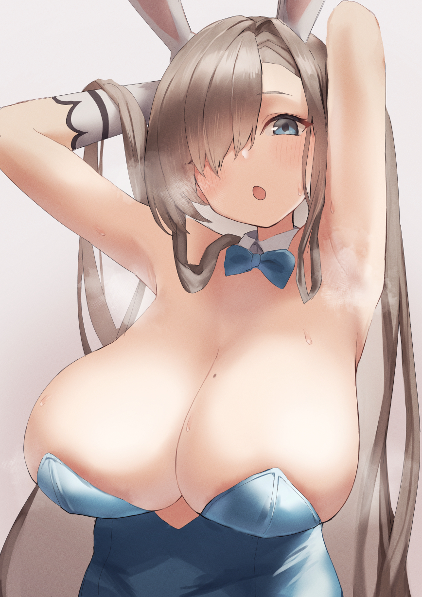 1girls, 2021, animal ears, areola slip, areolae, armpits, asuna (blue archive), asuna (bunny) (blue archive), blue archive, blue eyes, blue leotard, breasts, cleavage, detached collar, fake animal ears, female, female focus, female only, gloves, hair over one eye, highres, large breasts, leotard, light brown hair, long hair, looking at viewer, millennium science school student, mole, mole on breast, oggu (neoguloliko), ogu (oguogu0523), playboy bunny, rabbit ears, simple background, smell, solo, solo female, solo focus, steam, steaming body, upper body, very long hair