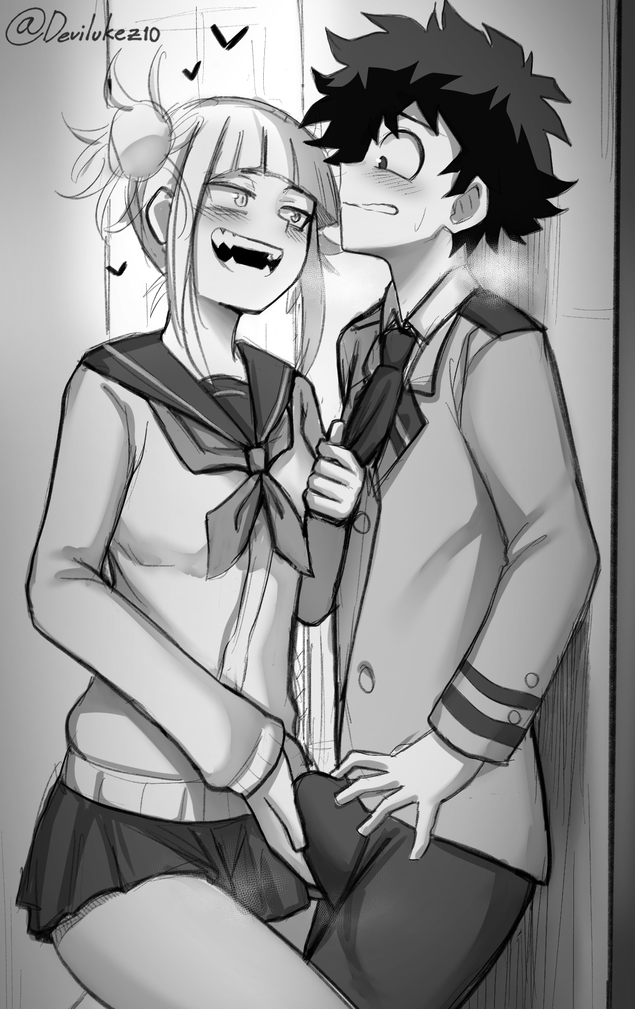 1boy, 1girls, blush, deku, devilukez, dont stick your dick in crazy, double bun, erection, erection under clothes, female, greyscale, himiko toga, izuku midoriya, male, monochrome, my hero academia, penis, school uniform, short hair, shounen jump, skirt, sweat, thighs, u.a. school uniform, unexpected erection, yandere