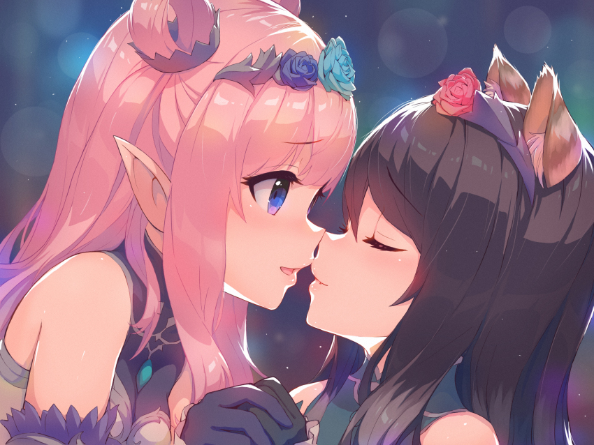 2girls blue_eyes closed_eyes cute double_bun hatsune_(princess_connect!) kashiwazaki_hatsune kashiwazaki_shiori kissing multiple_girls nose_to_nose pink_hair princess_connect! princess_connect!_re:dive purple_hair shiori_(princess_connect!) yuri