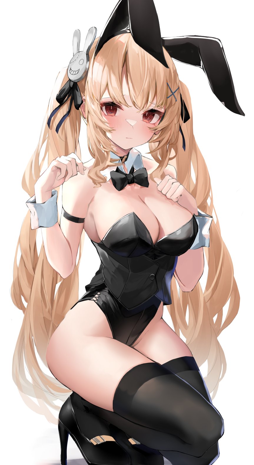 artist request, azur lane, big breasts, blonde female, blonde hair, blush, breasts, bunny ears, bunny girl, bunnysuit, female, formidable (azur lane), high heels, long hair, red eyes, revealing clothes, thick thighs, thighhighs, thighs, tight clothing, twintails
