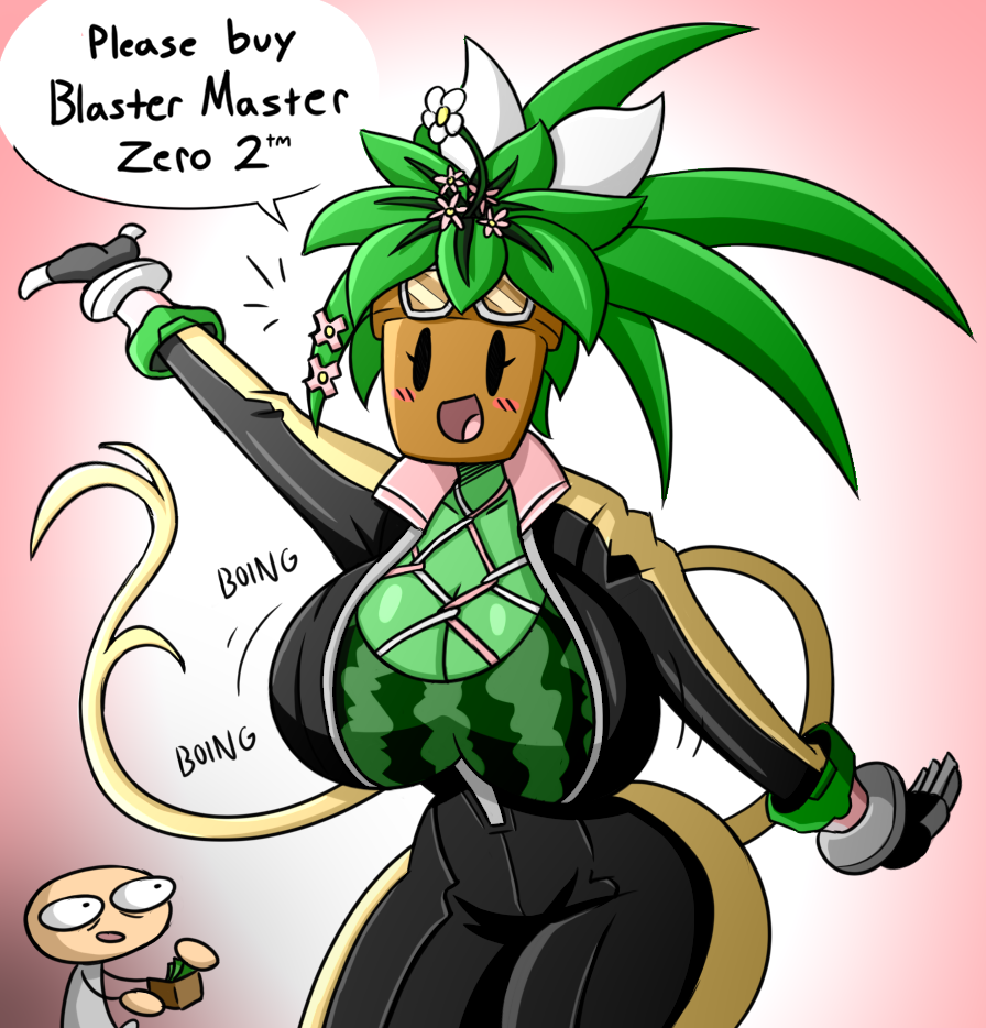 big_breasts blaster_master blaster_master_zero_2 blush breasts eyelashes female flower flower_pot glasses green_hair kanna_(blaster_master) larger_female mob_face money plantie rakkuguy simple_background size_difference smaller_male smile smiling thick_thighs watermelon