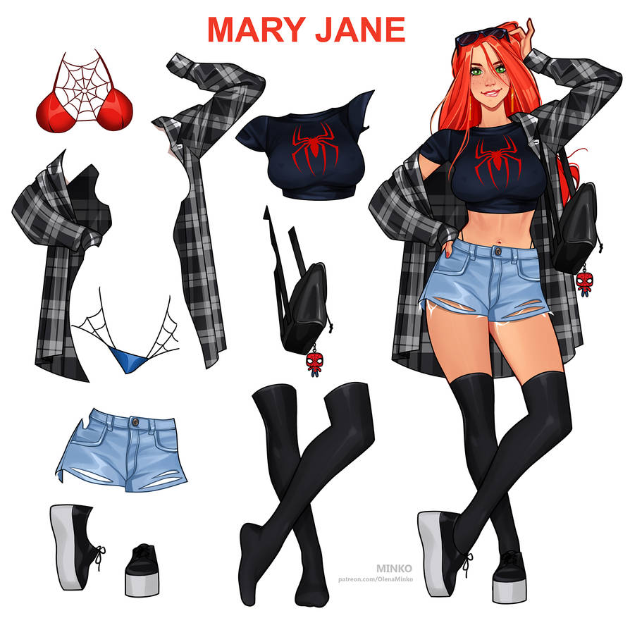 1girls, 5 fingers, black socks, breasts, busty, clothed female, crop top, cute, cute face, digital media (artwork), female, female only, freckles, freckles on face, green eyes, human, human only, jorts, light skin, light-skinned female, long hair, marvel, marvel comics, mary jane watson, minko, olena minko, red hair, red nails, short shorts, shorts, skimpy, socks, spider-man (series), thigh socks, thighhighs, underboob, wardrobe