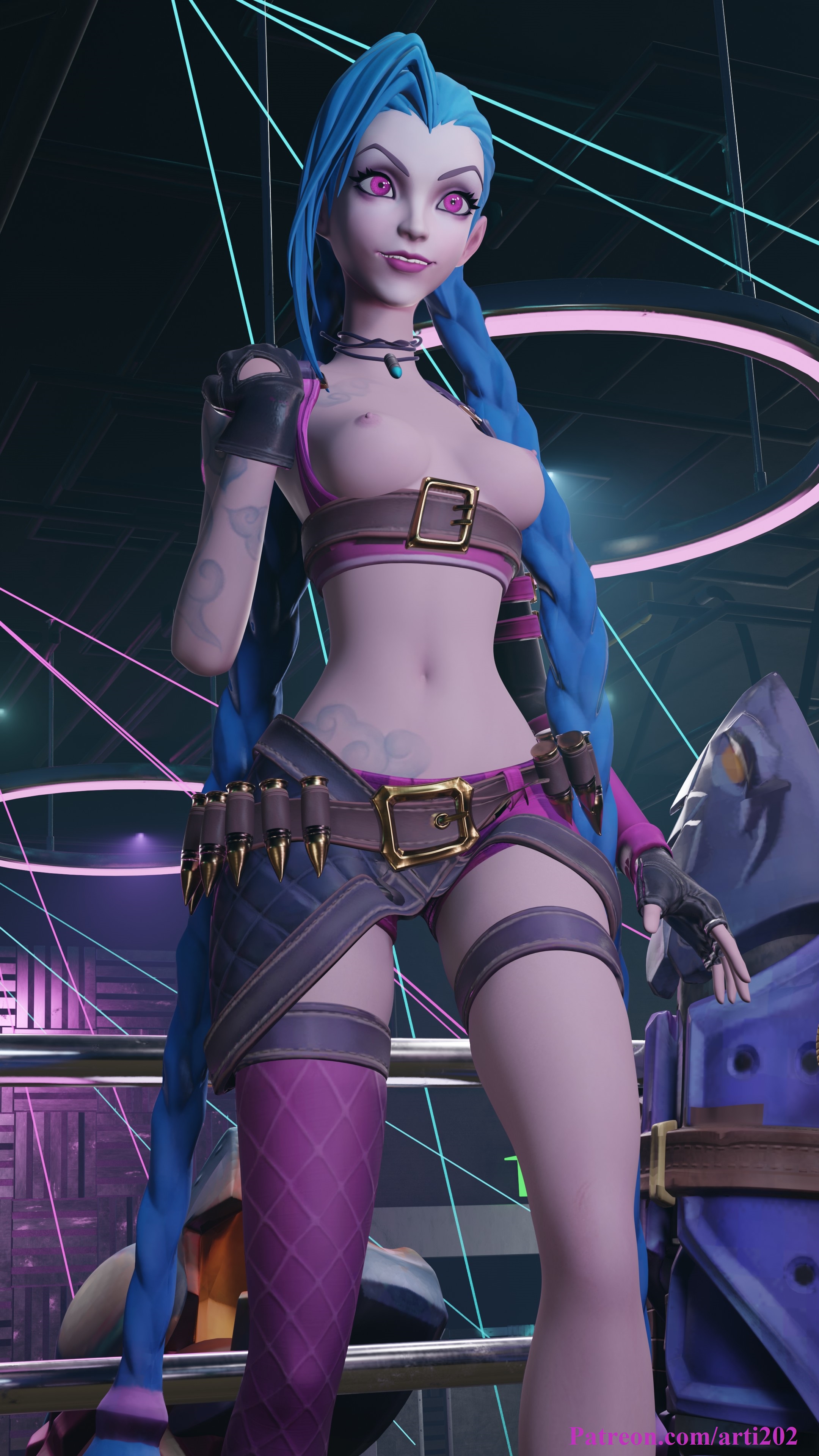 1girls, 3d, 4k, arti202, blender, blue, breasts, female, focus, hair, jinx (league of legends), league of legends, solo