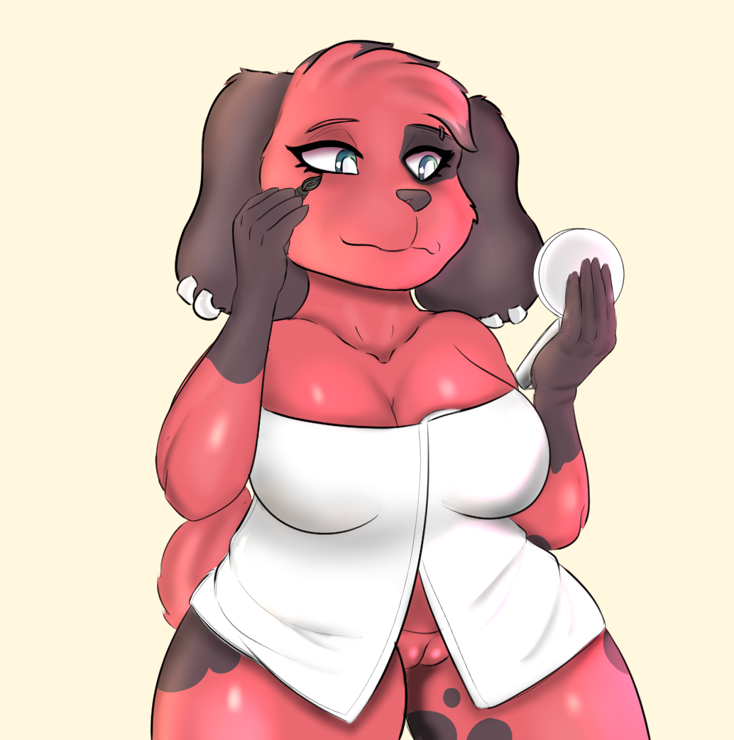 animal_crossing anthro applying_makeup breasts canid canine canis cherry_(animal_crossing) domestic_dog ear_piercing female frostyphox genitals jewelry makeup mammal nintendo personal_grooming piercing pussy simple_background slightly_chubby solo towel towel_wrap video_games