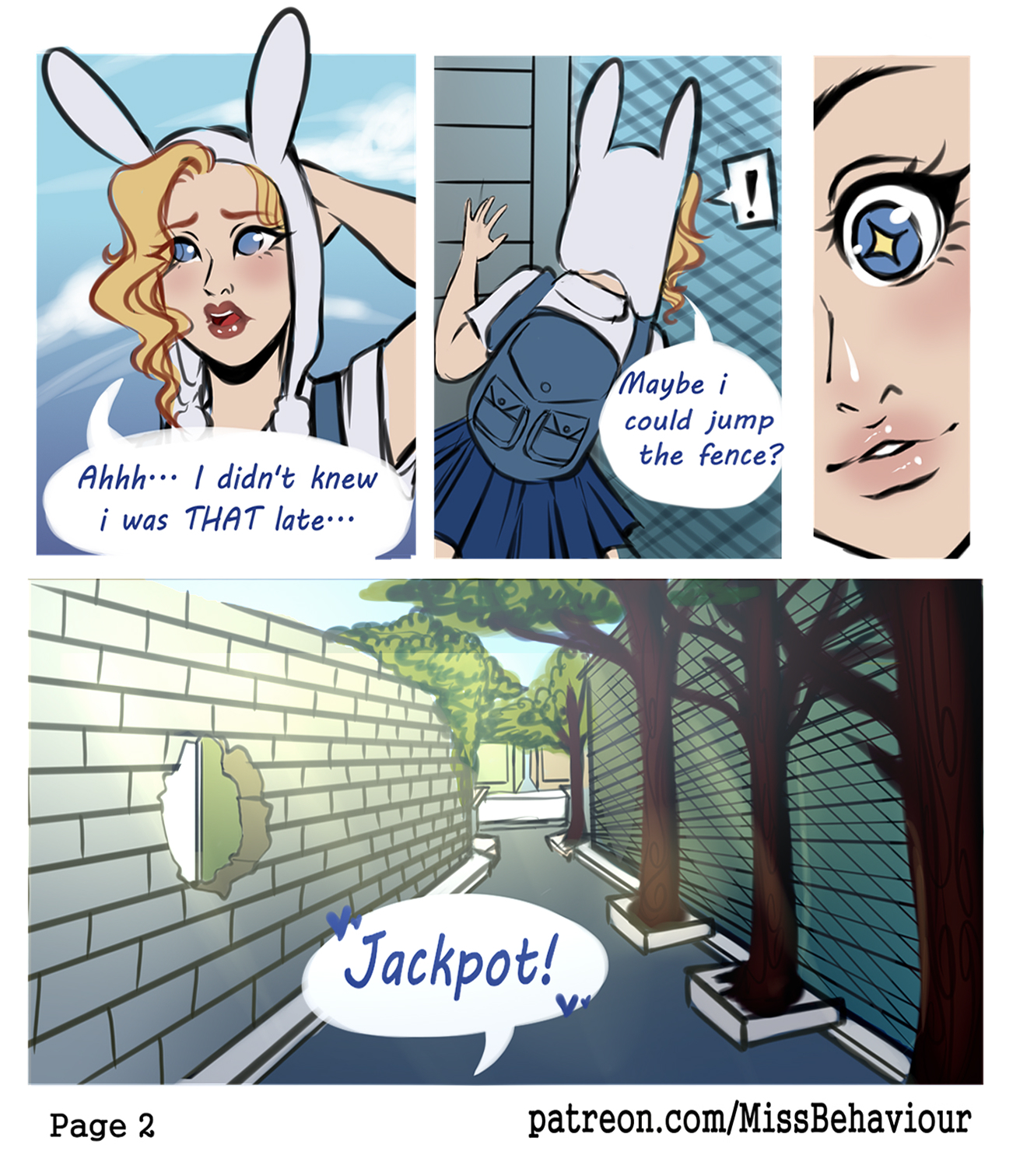 1girls, adventure time, backpack, bag, blonde hair, blue eyes, bunny ears, cartoon network, comic, english text, female, fionna the human girl, flower, human, lips, lipstick, missbehaviour, page 2, school uniform, schoolgirl, short skirt, speech bubble, thick thighs, thighhighs