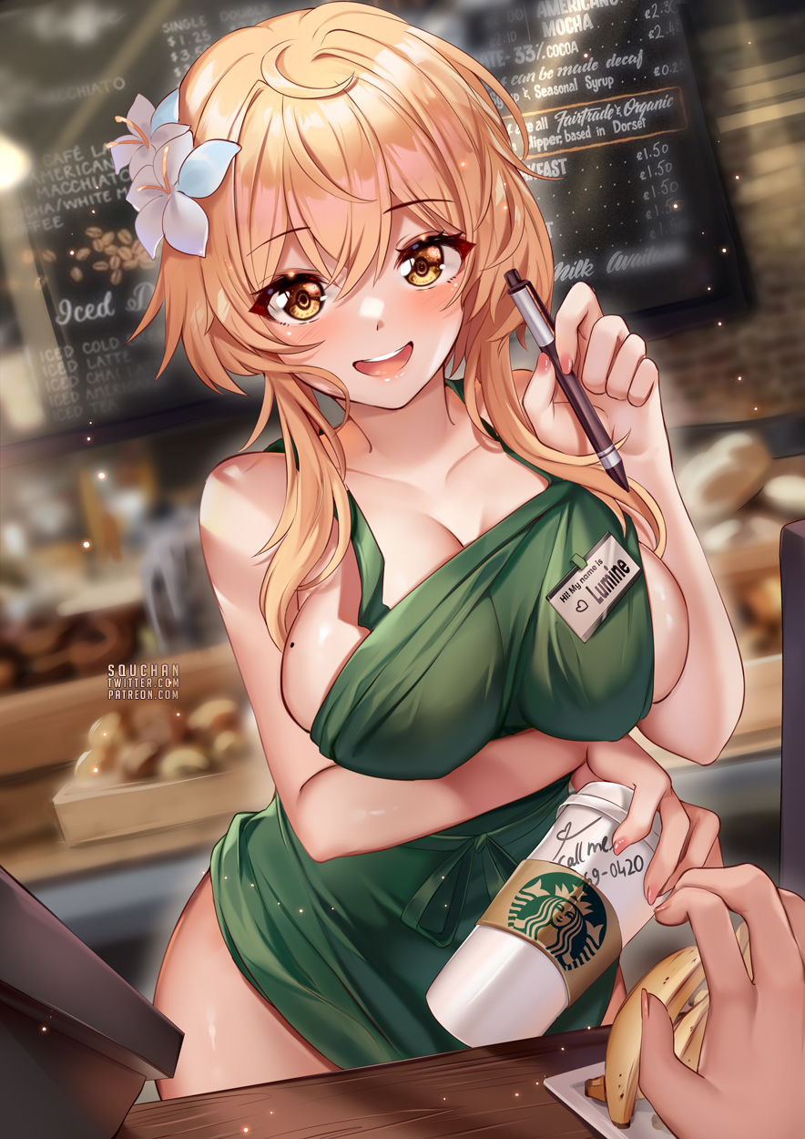 1boy 1girls 420_(number) 69_(number) :d apron bangs bare_arms bare_shoulders blonde_hair blush breast_hold breasts cleavage collarbone commentary cup disposable_cup dutch_angle english_commentary eye_contact female flower genshin_impact green_apron hair_flower hair_ornament hand_up highres holding holding_cup holding_pen iced_latte_with_breast_milk id_card indoors large_breasts looking_at_viewer lumine_(genshin_impact) meme mole mole_on_breast nail_polish naked_apron open_mouth pen pink_nails pov pov_eye_contact short_hair_with_long_locks smile solo_focus squchan starbucks upper_body white_flower yellow_eyes