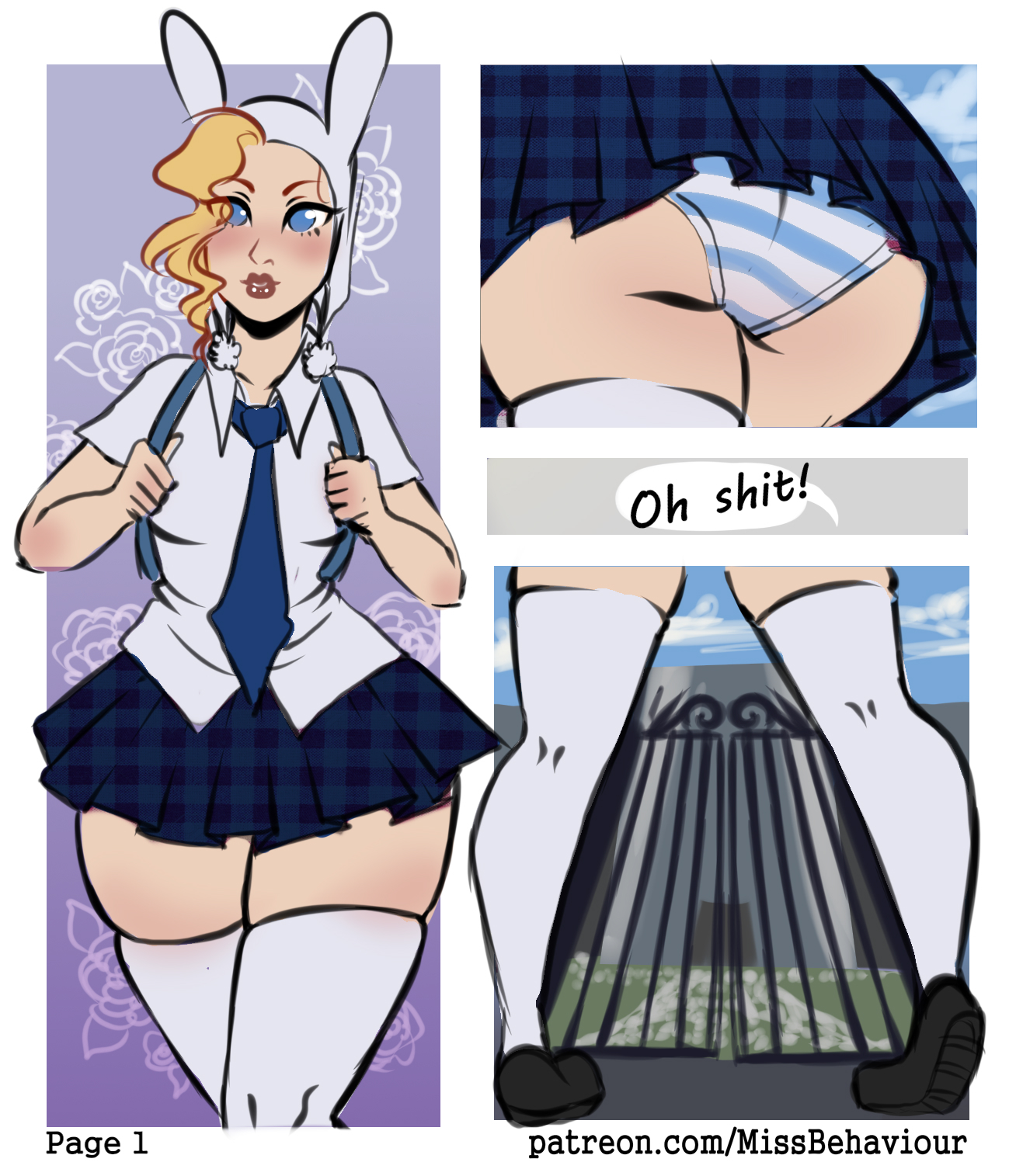 1girls, adventure time, backpack, bag, blonde hair, blue eyes, bunny ears, cartoon network, comic, english text, female, fionna the human girl, flower, human, lips, lipstick, missbehaviour, page 1, panties, school uniform, schoolgirl, short skirt, thick thighs, thighhighs