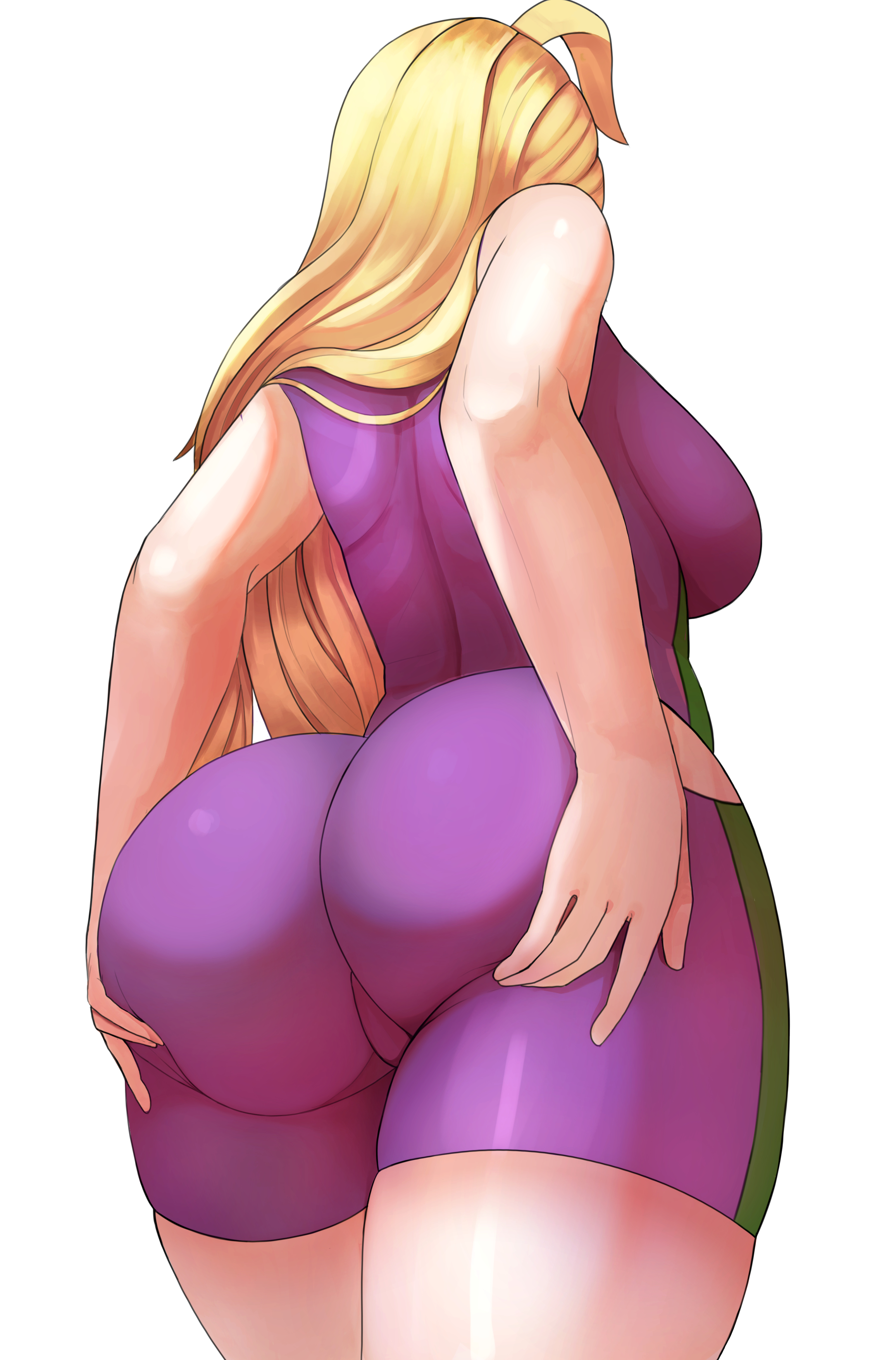 1girls, ass, ass support, big ass, big breasts, blonde hair, bodysuit, breasts, favorite, female, grabbing own ass, history's strongest disciple kenichi, huge ass, lixiart, miu furinji, solo, standing, thick thighs, thighs, tight clothing, white background