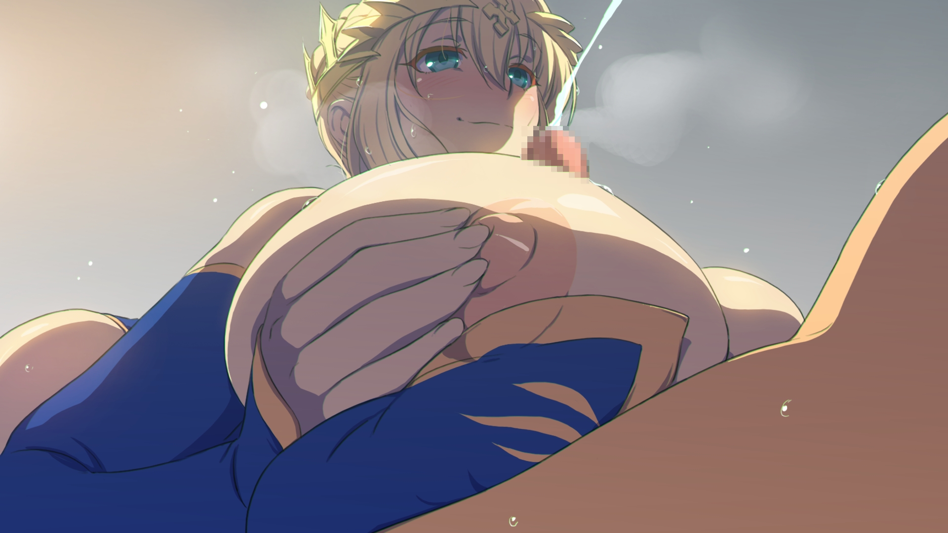 16:9 aspect ratio, 1boy, 1girls, areolae, artoria pendragon, artoria pendragon (fate), artoria pendragon (lancer), bangs, bare shoulders, between breasts, blonde female, blonde hair, blonde-haired female, blue gloves, blue leotard, blush, braid, breast press, breast squeeze, breasts, clothing, crown, ejaculation, elbow gloves, erect nipples, fate (series), fate/grand order, female, french braid, gloves, green eyes, hair between eyes, headwear, high resolution, large breasts, leotard, light skin, light-skinned female, light-skinned male, long hair, makoto osamu, male, nipples, paizuri, paizuri under clothes, penis, pink nipples, semen, sidelocks, smile, straight, tied hair