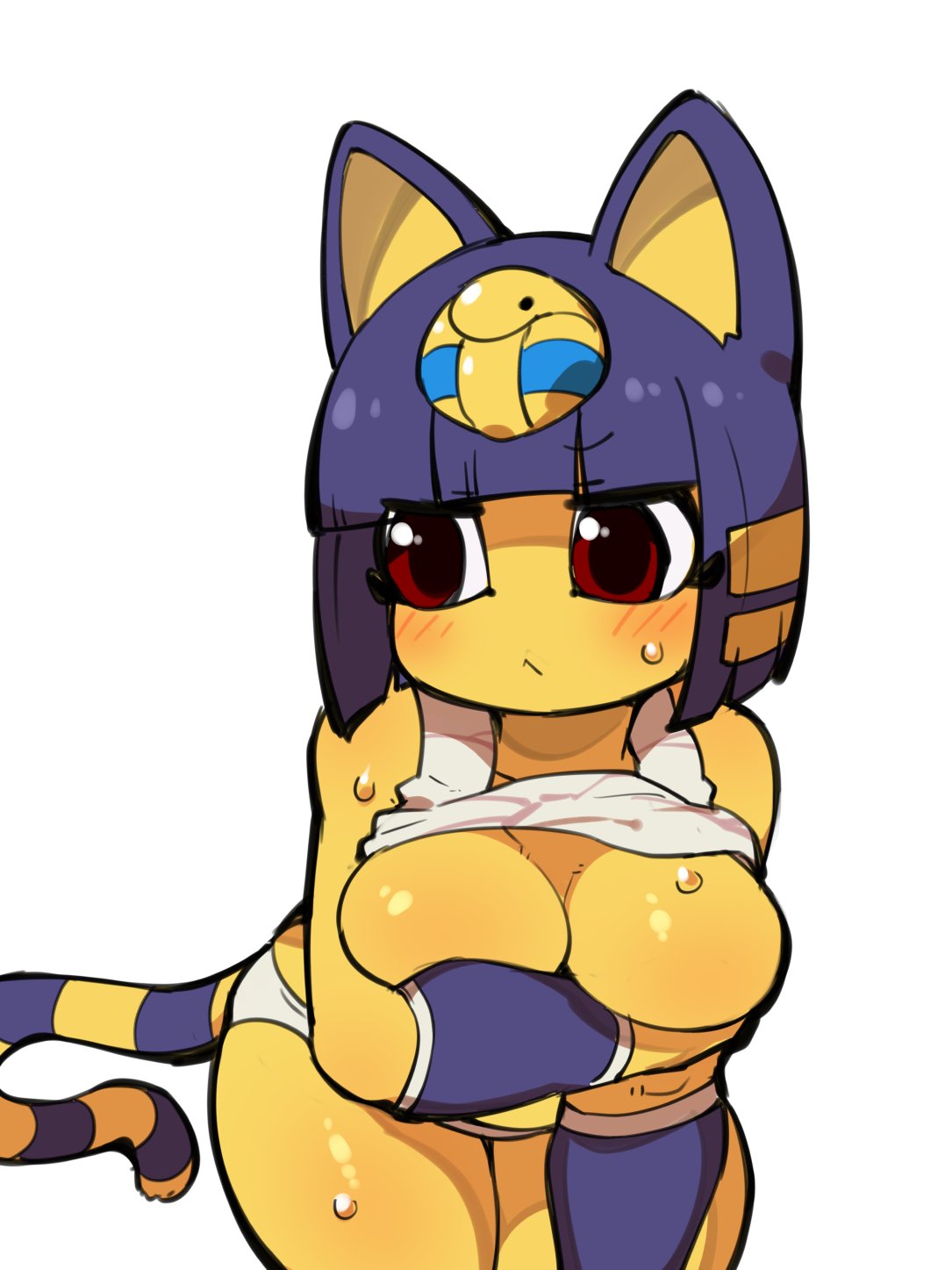 animal_crossing ankha anthro big_breasts blue_hair bodily_fluids breasts brown_eyes clothing domestic_cat embarrassed exposed_breasts felid feline felis female fukurou_(owl222) fur hair hi_res holding_breast mammal nintendo panties shortstack solo sweat thick_thighs underwear uraeus video_games yellow_body yellow_fur