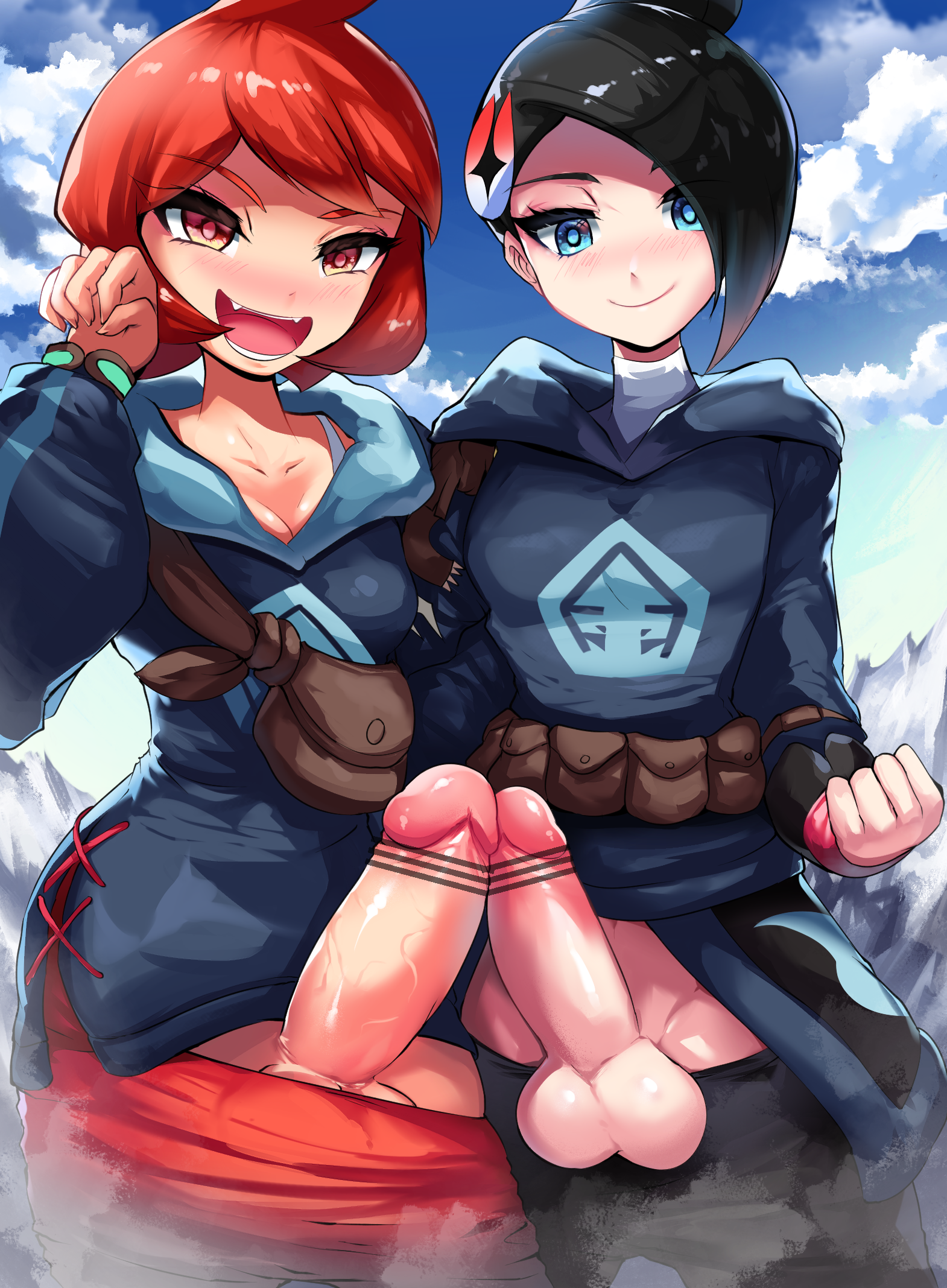 2futas, arezu (pokemon), balls, big penis, black hair, blue eyes, blush, breasts, censor bar, censored, chobonolly, clothed, clothing, duo, eye contact, futa only, futanari, hinatsu (pokemon), human, intersex, light skin, light-skinned futa, looking at viewer, mai (pokemon legends), mostly clothed, nintendo, pale skin, penis, penis out, pokemon, pokemon legends: arceus, red eyes, red hair, smile, standing, stockings, testicles, yone (pokemon)