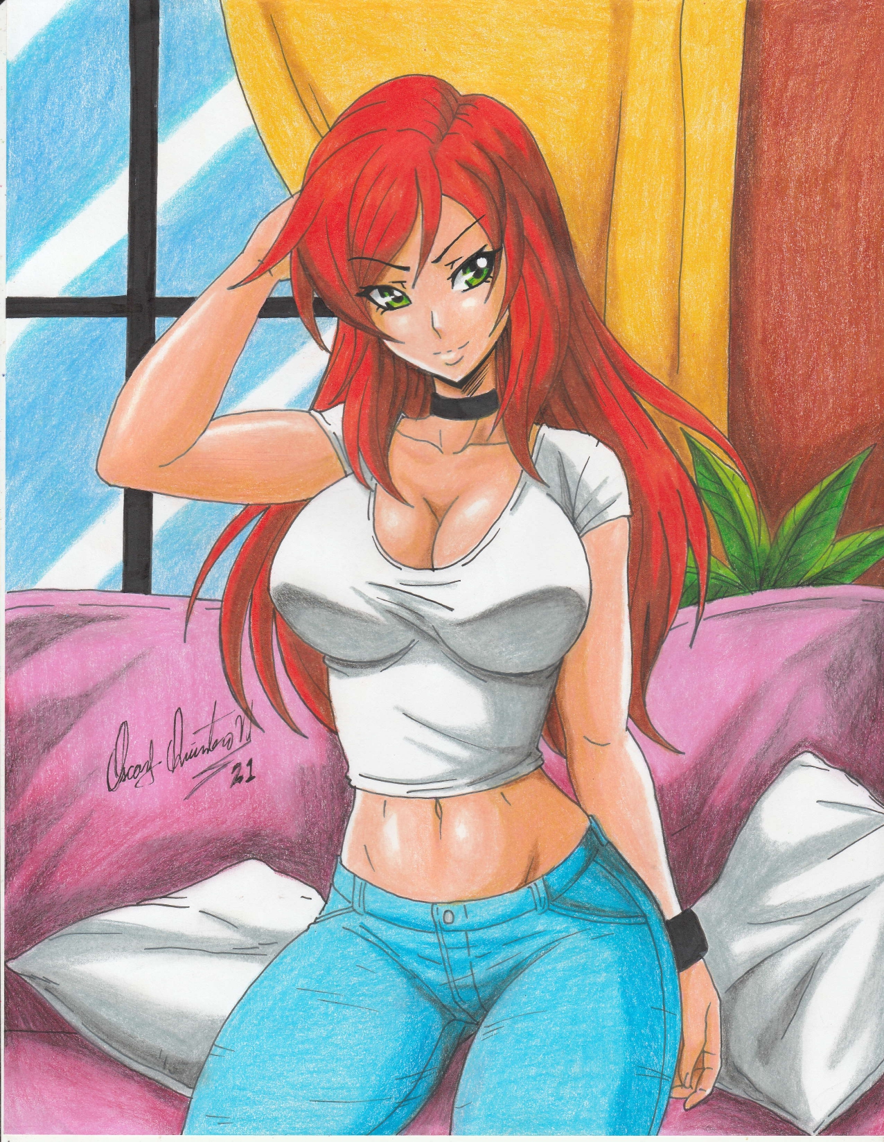 1girls, 2021, bare midriff, big breasts, breasts, choker, cleavage, clothed, crop top, female, green eyes, jeans, long hair, marvel, marvel comics, mary jane watson, navel, pencil (artwork), ravern clouk, red hair, smile, solo, solo female, spider-man (series), tagme