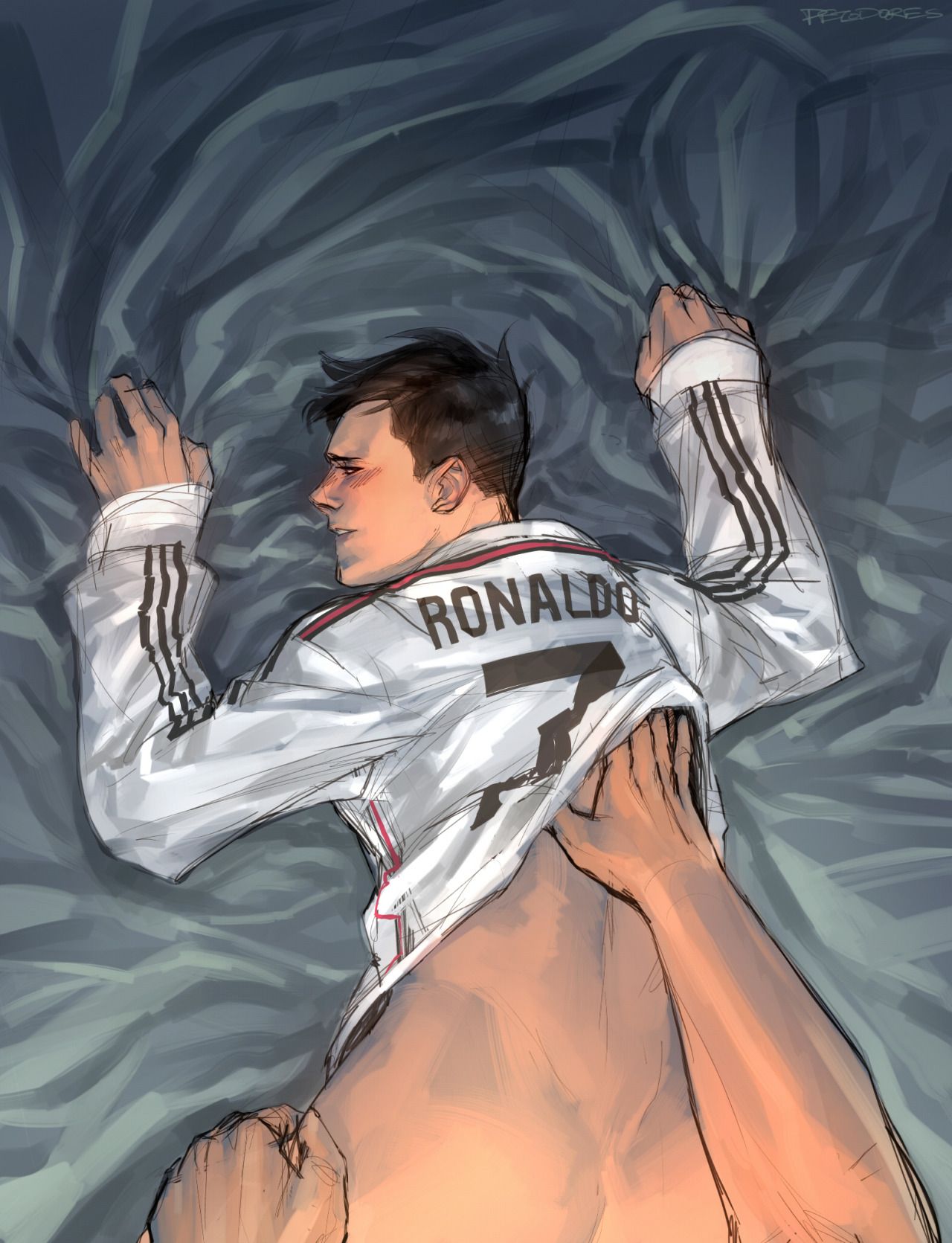 2boys 5_fingers anal anatomically_correct argentina ass blanket blanket_grab blush bottomless butt colored_sketch cristiano_ronaldo cropped cropped_image detailed detodores doggy_style doggystyle dom_pov dominant_pov fifa gay gay_sex grabbing grabbing_ass grabbing_sheets half-closed_eyes half-dressed hand_on_back hand_on_butt human light-skinned_male light_skin lionel_messi long_sleeves looking_at_partner looking_at_viewer looking_back male male_only male_penetrated narrowed_eyes no_visible_genitalia painting pleasure_face pov pov_male real_person sex sheets shirt short_hair siuuuu submissive submissive_male sweater tan tan_skin text topwear white_clothing white_sweater yaoi