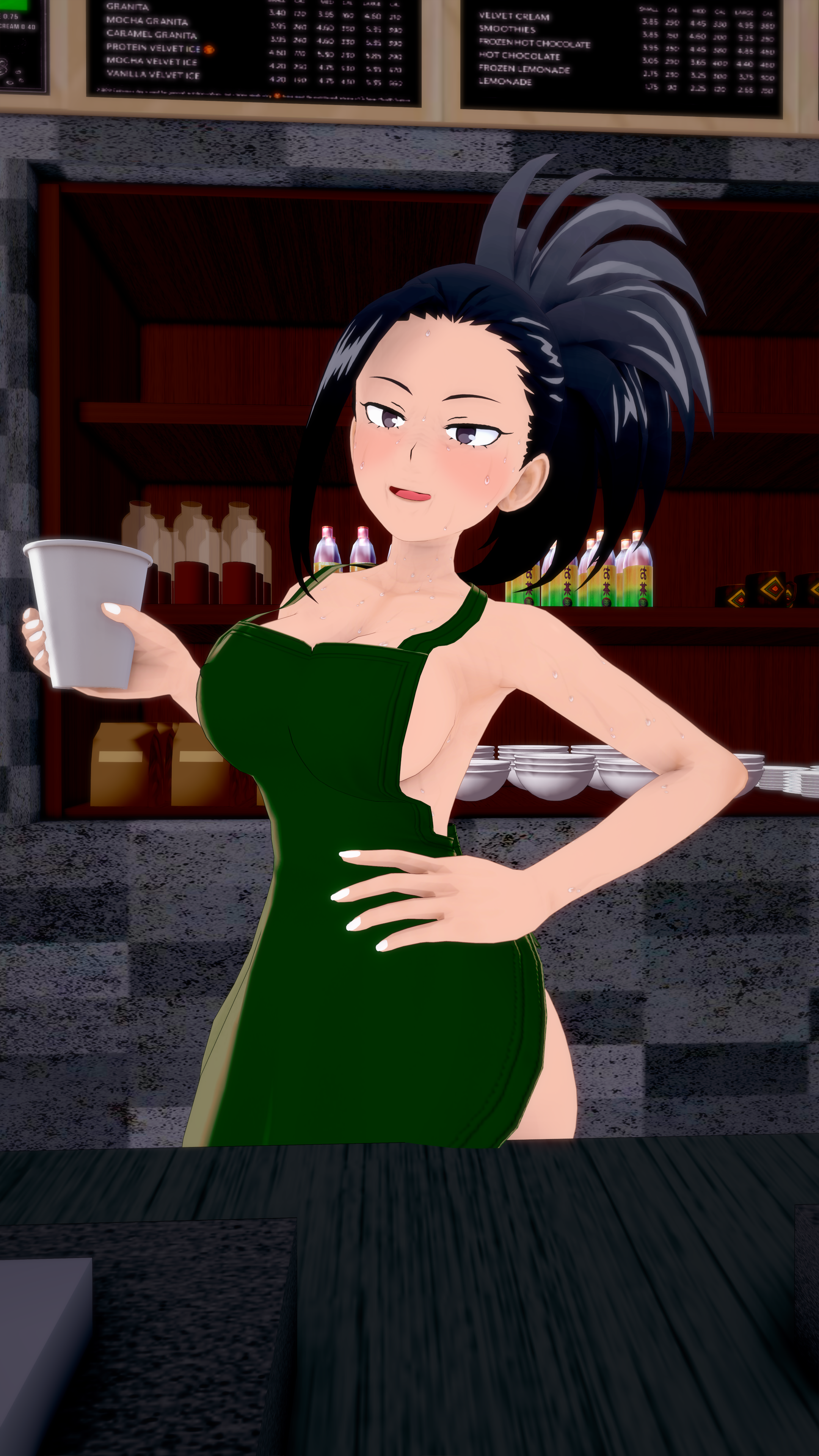 1girls, 3d, black hair, black-haired female, breasts, female, female only, green apron, iced latte with breast milk, looking at viewer, meme, mommasspaghetti, momo yaoyorozu, my hero academia, naked apron, sexually suggestive, starbucks
