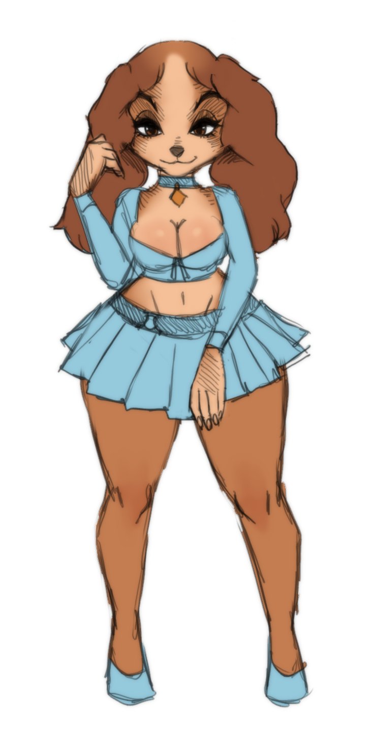 anthro, anthrofied, choker, cleavage, collar, disney, dog, female, female only, furry, jay-marvel, lady (lady and the tramp), lady and the tramp, rough sketch, skirt, solo, white background