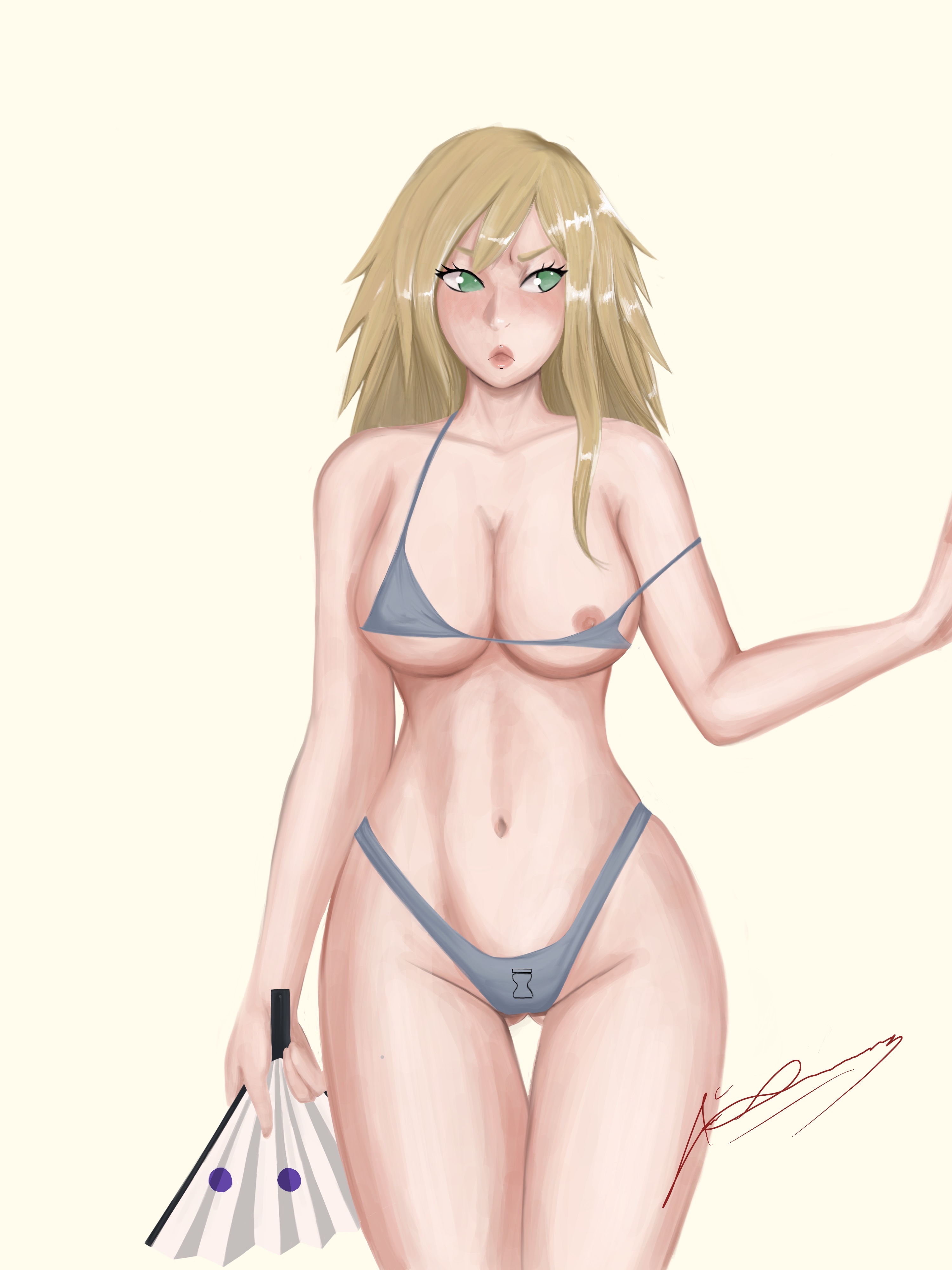 alternate hairstyle, bare legs, bare shoulders, bikini, blonde hair, blush, curvaceous, eyelashes, fan, female, folding fan, green eyes, hair down, highleg, highleg bikini, holding object, jaimetsunamii, loose hair, makeup, midriff, naruto, naruto (series), naruto shippuden, naruto: the last, nipple slip, small bikini, solo, solo focus, standing, strap slip, sunagakure symbol, swimsuit, temari, wide hips