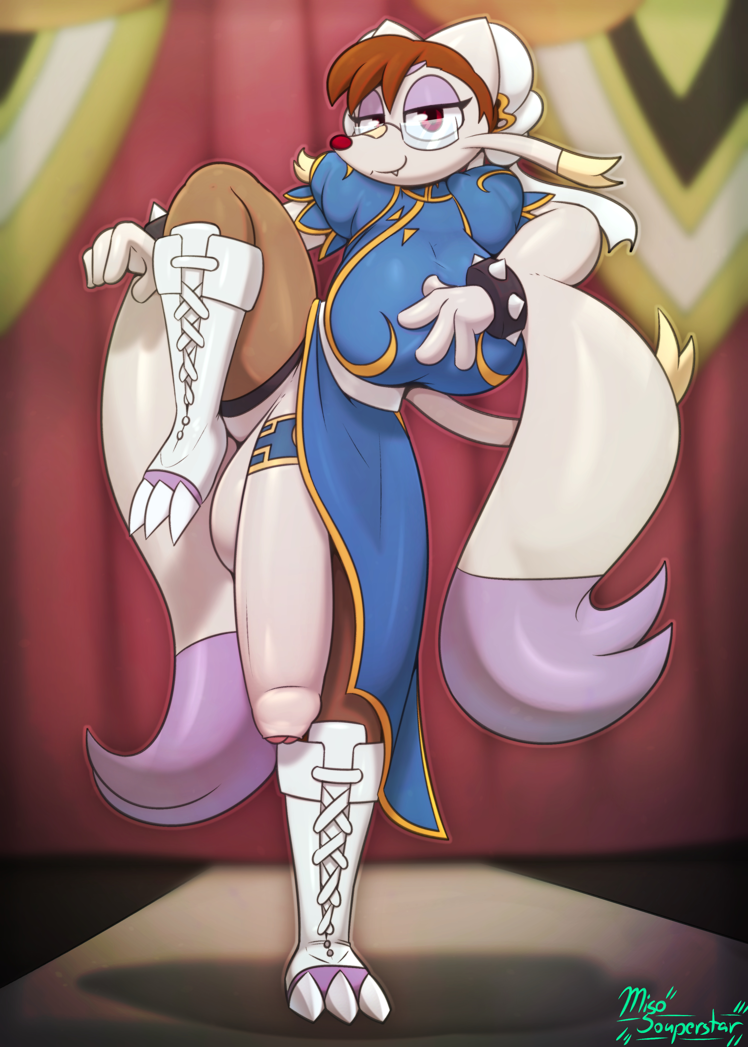 1futa, 2021, 3 toes, 4 fingers, 5:7, absurd res, accessory, anthro, anthro only, balls, bandage on nose, big balls, big breasts, big penis, black bracelet, black pupils, blue clothing, blue dress, bracelet, breasts, brown clothing, brown hair, brown legwear, brown stockings, capcom, chun-li (cosplay), claws, clothed, clothing, cock ring, cocoa (miso souperstar), cosplay, cute fangs, dress, exposed penis, eyeshadow, eyewear, feet, fingers, flaccid, footwear, foreskin, functionally nude, fur, futa only, futanari, genitals, glans, glasses, grey body, grey fur, hair, hi res, huge balls, huge breasts, huge cock, huge penis, humanoid genitalia, humanoid penis, intersex, jewelry, legwear, looking at viewer, makeup, mienshao, miso souperstar, nintendo, no underwear, on one leg, penis, penis accessory, penis down, penis jewelry, pink glans, pokemon, pupils, purple body, purple eyeshadow, purple fur, raised leg, red eyes, red nose, smile, solo, spiked bracelet, spikes, standing, stockings, street fighter, tight clothing, toe claws, toeless footwear, toes, uncircumcised, uncut, video games, vignette, white claws, white clothing, white footwear, yellow body, yellow clothing, yellow dress, yellow fur