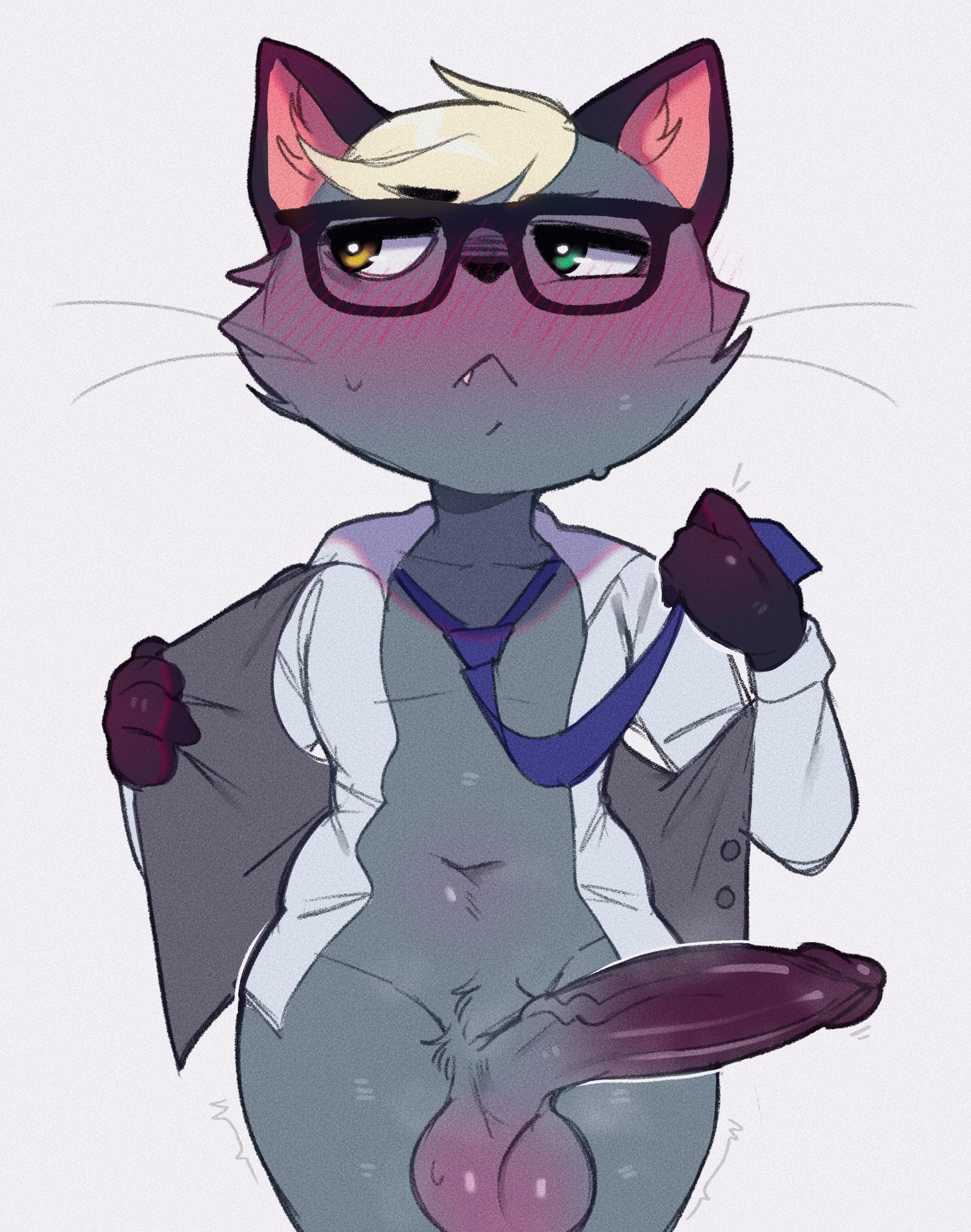 animal crossing, anthro, balls, big penis, blonde hair, blush, bottomless, clothed, clothing, domestic cat, erection, eyewear, felid, feline, felis, fur, furry, furry only, genitals, glasses, grey body, grey fur, hair, hi res, huge cock, male, male only, mammal, navel, nintendo, penis, raymond (animal crossing), seniorseasalt, simple background, solo, topwear, undressing, video games
