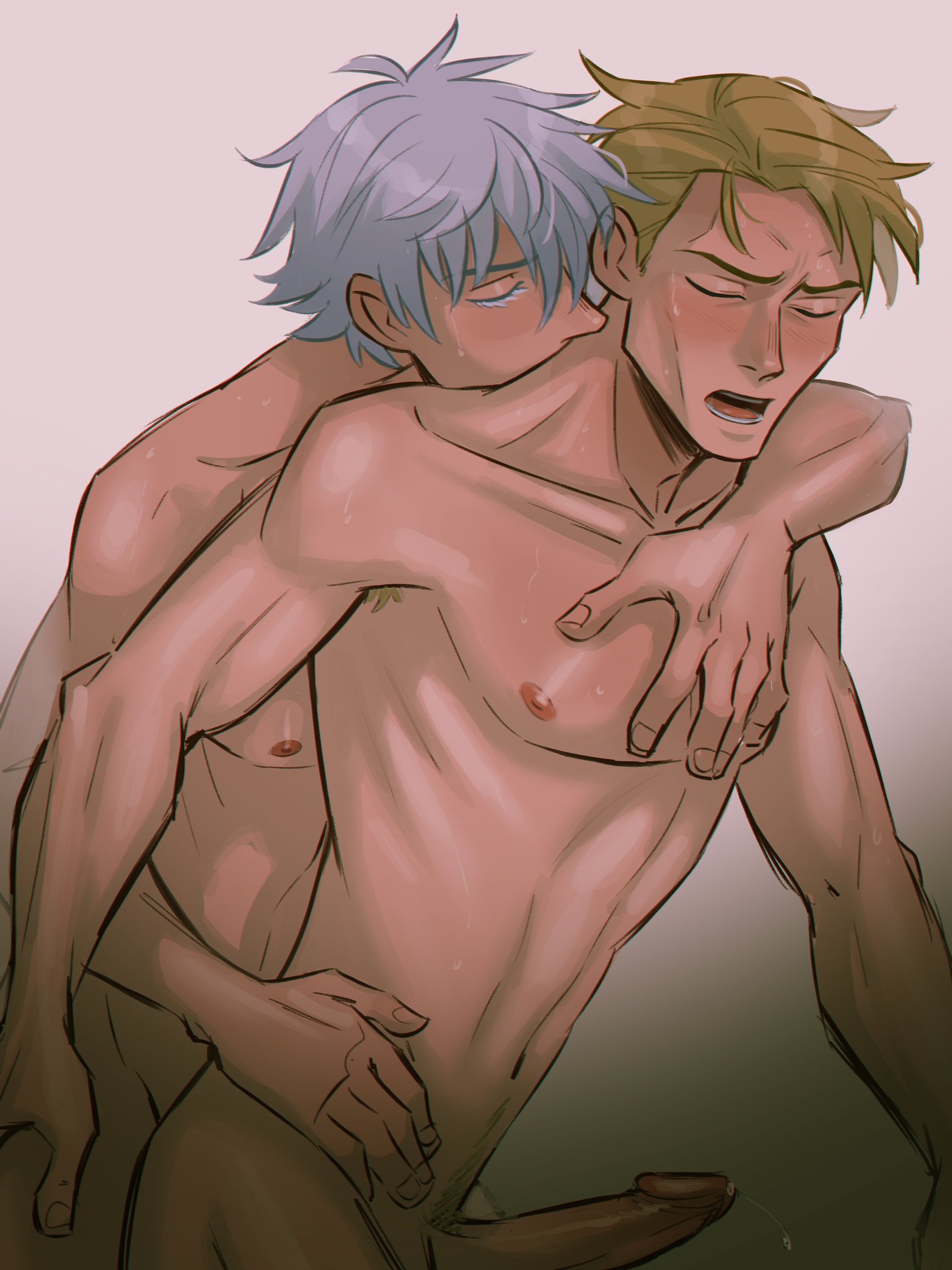 2boys, anal, anal sex, armpit hair, blonde hair, blush, bodily fluids, chest grab, closed eyes, d ueslahc, gay, genital fluids, genitals, hand on hip, hip grab, jujutsu kaisen, kento nanami, male, male only, male penetrated, male penetrating, male penetrating male, male/male, no underwear, nude, nude male, open mouth, penetration, penis, precum, precum string, satoru gojo, sombre slahc, standing, standing sex, sweat, sweatdrop, taken from behind, waist grab, white hair, yaoi