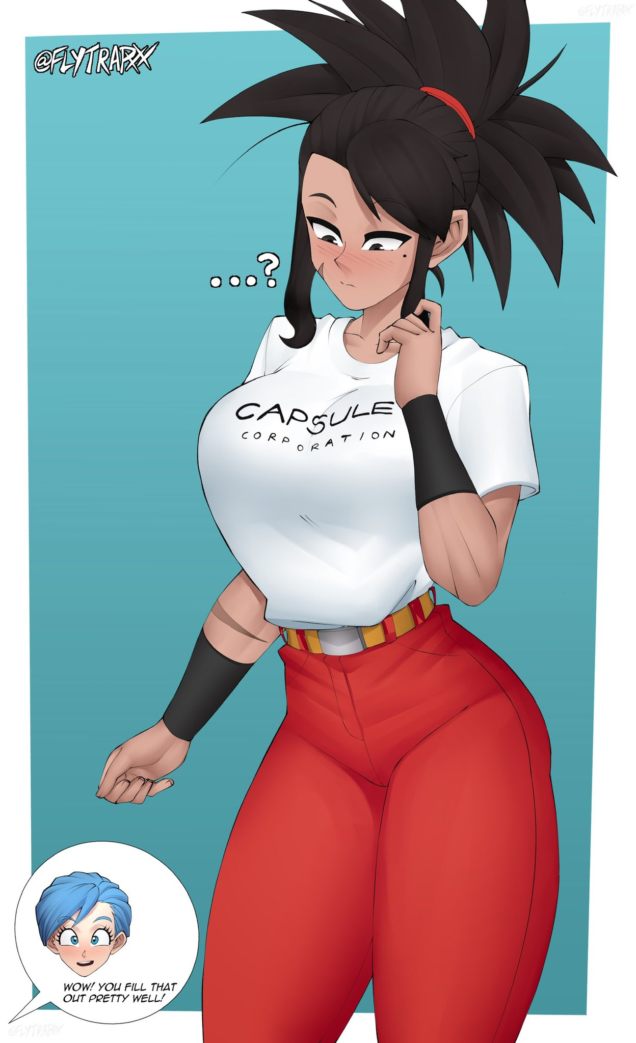 2girls belt big_breasts blush blushing brown_hair bulma_briefs clothed clothing dragon_ball dragon_ball_super dragon_ball_z female_saiyan flytrapxx kinoko_(flytrapxx) mole mole_under_eye oc pants scar t-shirt wrist_cuffs