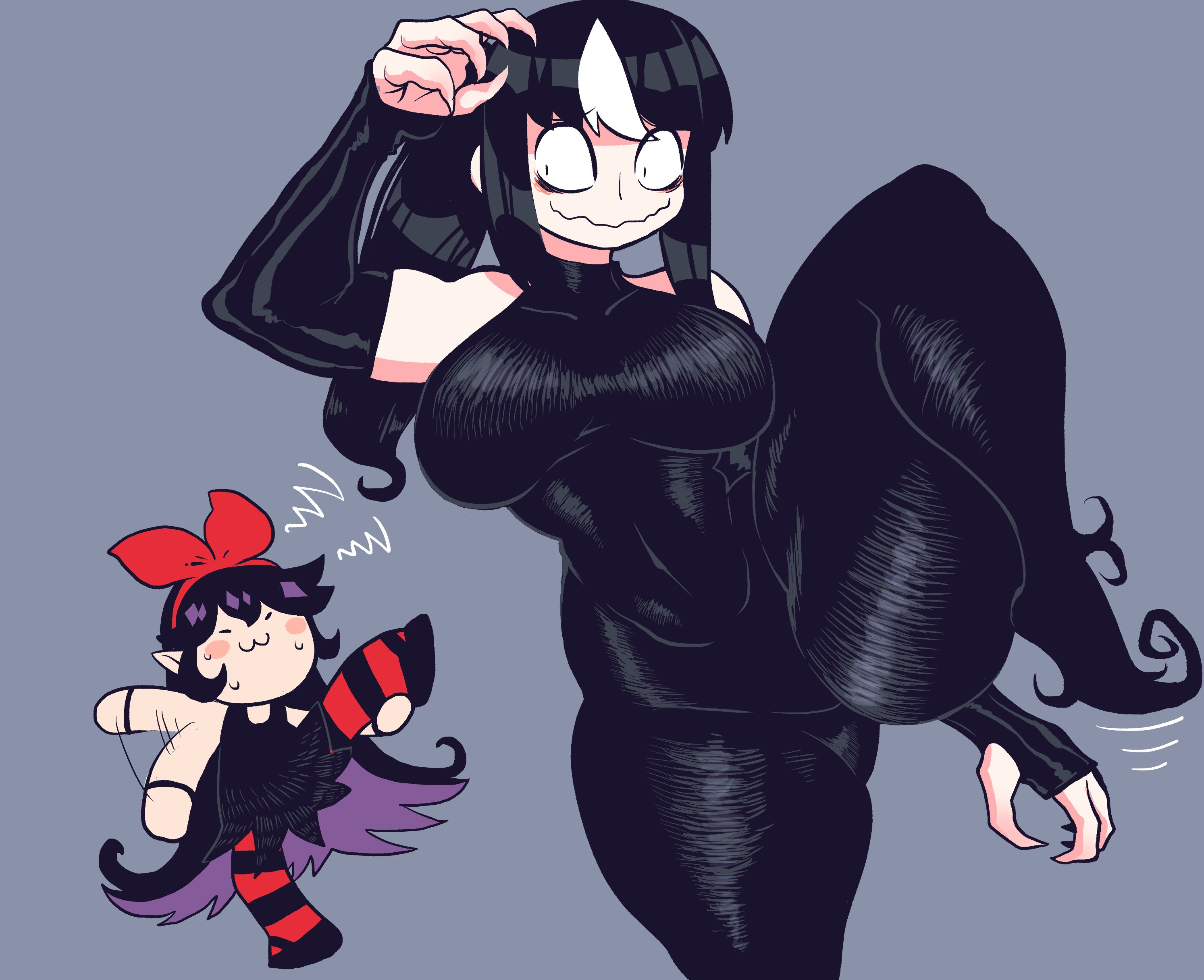 2021, 2girls, alternate version available, female, light skin, light-skinned female, minami aomori, mob face, monster girl, noss the nosferatu (crap-man), one leg up, original, original character, original characters, ponytail, tagme, thick, thick thighs, tight clothing, zakuro the vampire (crap-man)