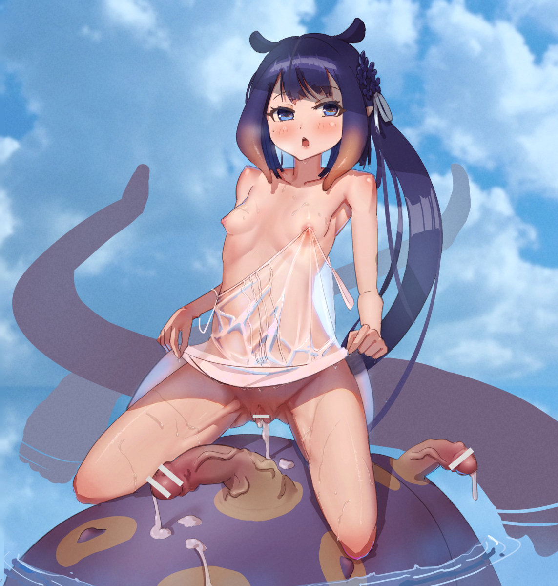 1boy, 1girls, after sex, after vaginal, armpits, bar censor, beach, blue eyes, blush, blushing at viewer, breasts, byhg, censor bar, censored, collarbone, cum, cum everywhere, cum in pussy, cum inside, cumshot, eyebrows visible through hair, female, female focus, flat chest, flat chested, hair ornament, highres, hololive, hololive english, hololive myth, lifted by self, lifting clothing, light skin, light-skinned female, long hair, looking at viewer, male, mole, mole under eye, multicolored hair, multiple penises, ninomae ina'nis, open mouth, orange hair, pale skin, pale-skinned female, penis, purple hair, pussy, ribs, sea, small breasts, very high resolution, very long hair, virtual youtuber, wet, wet clothes