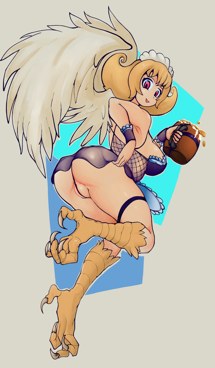 anus anus_peek ass avian birdmaid black_panties black_thong blonde_hair breasts harpy harpy_girl ishuzoku_reviewers looking_at_viewer looking_back meidri monster_girl panties partially_visible_vulva plump_labia pussy pussy_peek red_eyes ricocake tagme thong upskirt wings