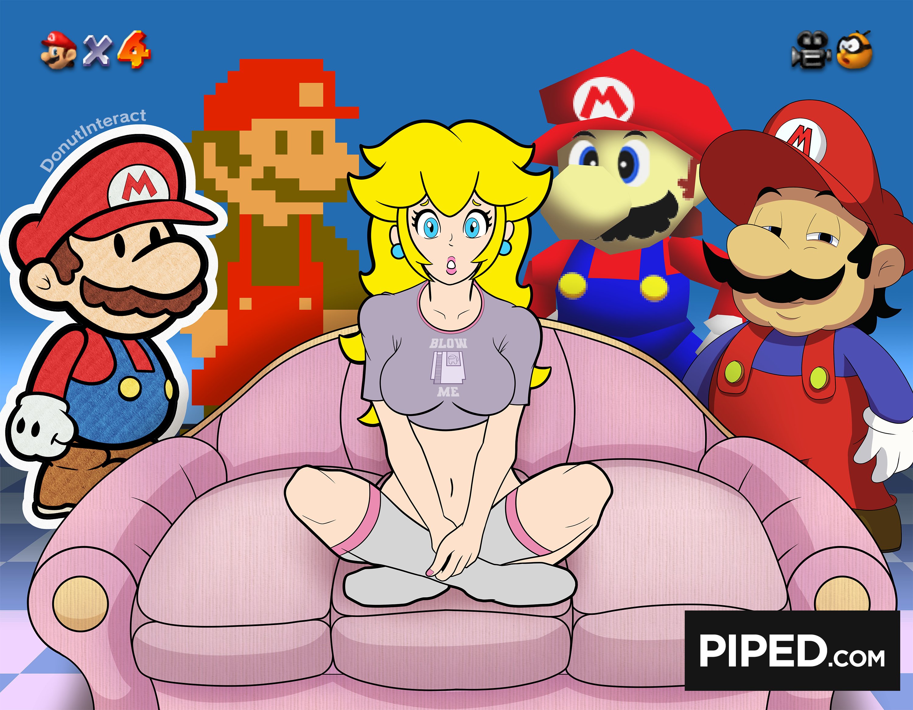1girls, 4boys, accurate art style, breasts, casting couch, clothing, couch, crossed legs, donutinteract, female, female penetrated, looking at viewer, male, mario, mario (series), meme, nervous, nintendo, paper mario, piper perri surrounded, princess peach, sitting, super mario 64, super mario bros., super mario bros. (nes), surrounded, the super mario bros. super show!, tshirt, white skin