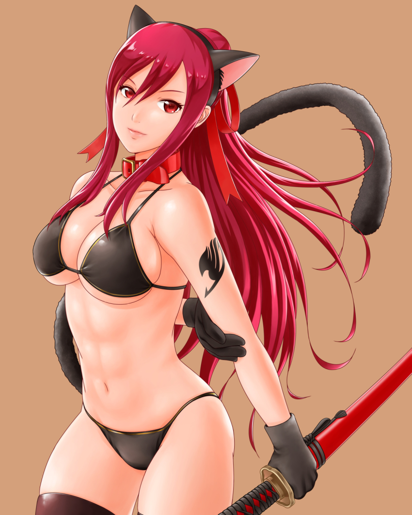 1girls, animal collar, animal ears, arm behind back, arm tattoo, bangs, bikini, black bikini, black gloves, black legwear, black tattoo, breasts, brown background, cat ears, cat tail, closed mouth, collar, collarbone, cowboy shot, erza scarlet, fairy tail, fairy tail mark, female, female only, gloves, hair between eyes, hair ribbon, highres, holding, holding sword, holding weapon, katana, large breasts, lips, long hair, looking at viewer, navel, ponytail, red collar, red eyes, red hair, red ribbon, red-haired female, ribbon, scabbard, sheathed, simple background, skindentation, solo, stomach, swimsuit, sword, tail, tattoo, tattoo on arm, tattooed arm, thighhighs, weapon