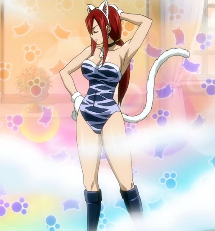 1girls, animal ears, arm behind head, armpits, arms up, bare shoulders, boots, breasts, cat ears hairband, cat tail, cleavage, closed eyes, collar, earrings, erza scarlet, fairy tail, fake animal ears, fake ears, fake tail, female, gloves, hand on hip, jewelry, ponytail, red hair, red-haired female, screencap, single earring, steam, tagme, tail