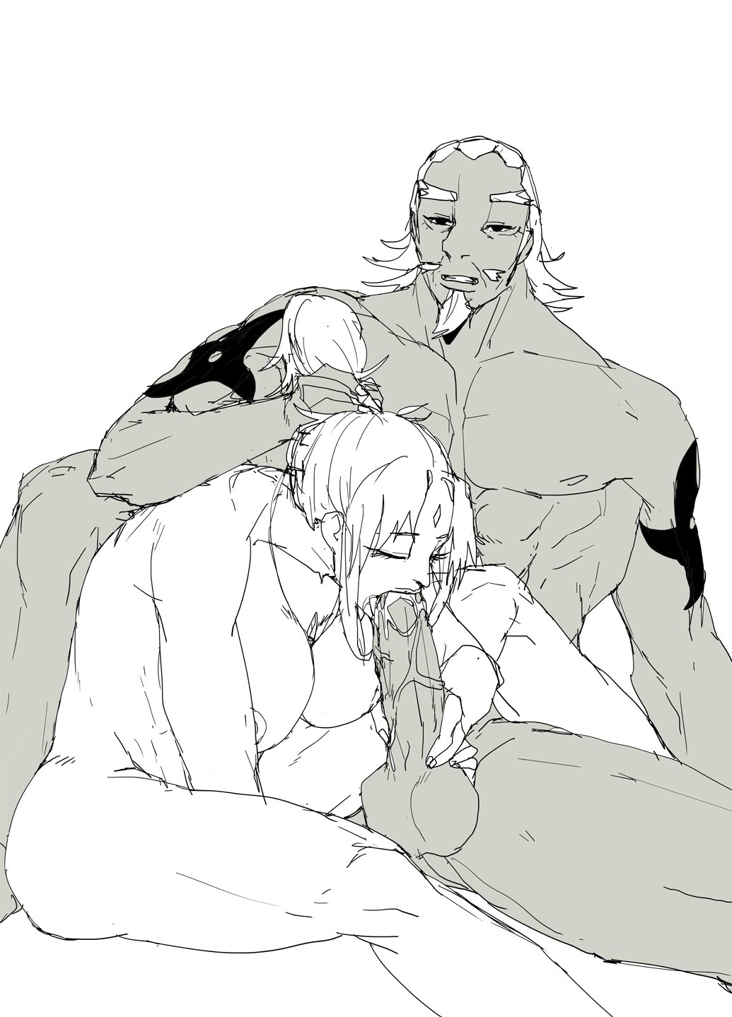 1boy, 1girls, breasts, dark skin, dark-skinned male, fellatio, female, interracial, kuubold, male, naruto, naruto (series), nipples, nude, oral, oral sex, penis, raikage, sex, straight, tsunade, uncensored
