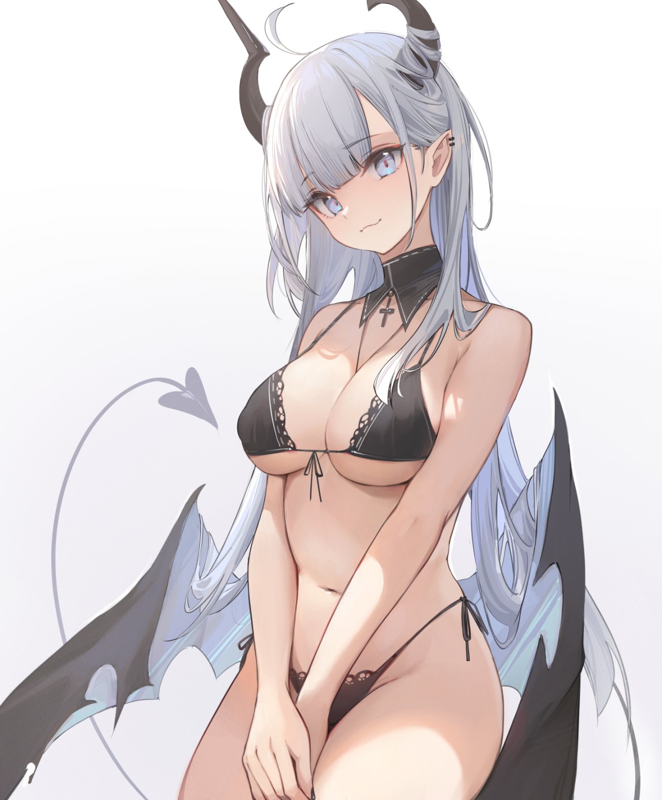 big breasts, blue eyes, bra, breasts, choker, demon, demon girl, demon horns, demon tail, female, lace, lingerie, midriff, navel, nekojira, nipple bulge, original, original character, panties, pointy ears, succubus, white hair