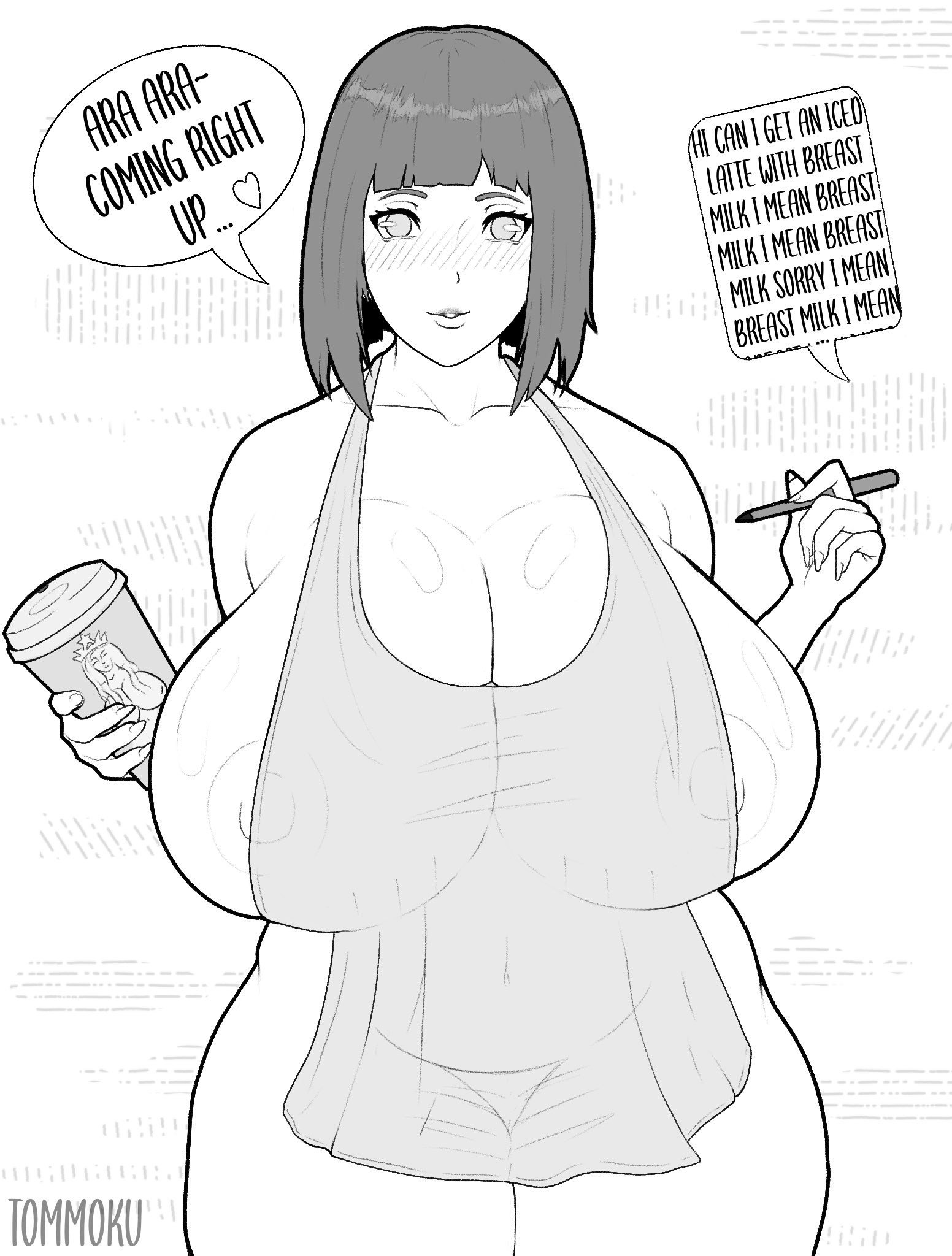 1girls, apron, ara ara, black hair, blush, boruto: naruto next generations, breasts, english text, female, female focus, glands of montgomery, greyscale, hair bun, huge breasts, hyuuga hinata, iced latte with breast milk, light skin, light-skinned female, looking at viewer, mature, mature female, meme, milf, monochrome, mother, naked, naked apron, naruto, naruto (series), nipple slip, nipples, sagging breasts, speech bubble, tommoku, uzumaki hinata, wife