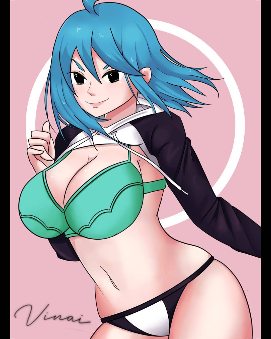 big_breasts bikini black_eyes blue_hair exposed_breasts gamer gamer_girl half-dressed half_jacket indonesia melusi.studio solo windia_nata youtube youtuber youtuber_girl youtubers