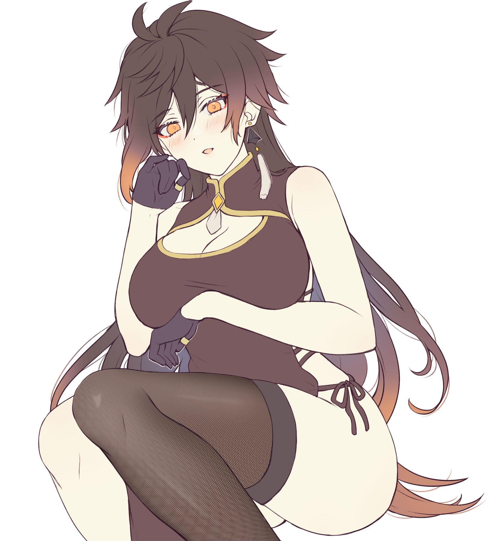 ass, big breasts, breasts, brown hair, chinese clothes, female, genderswap, genderswap (mtf), genshin impact, ritsu (re710pngn), rule 63, thick ass, thick thighs, thighhighs, thighs, yellow eyes, zhongli (genshin impact), zhongli jiejie